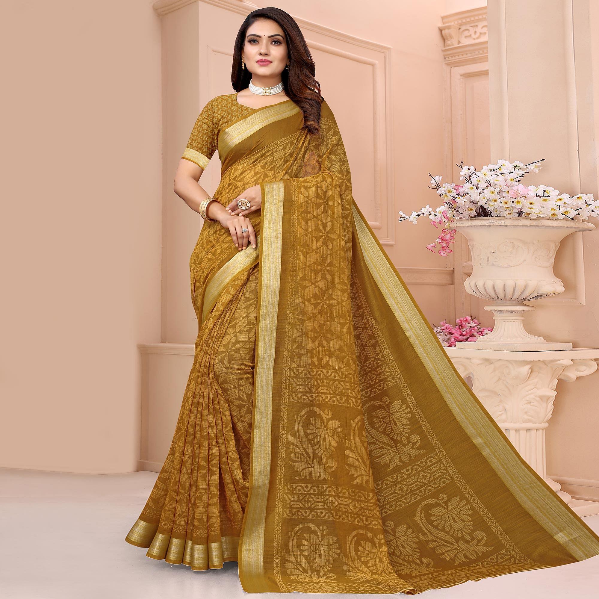 Mustrad Printed Linen Saree - Peachmode