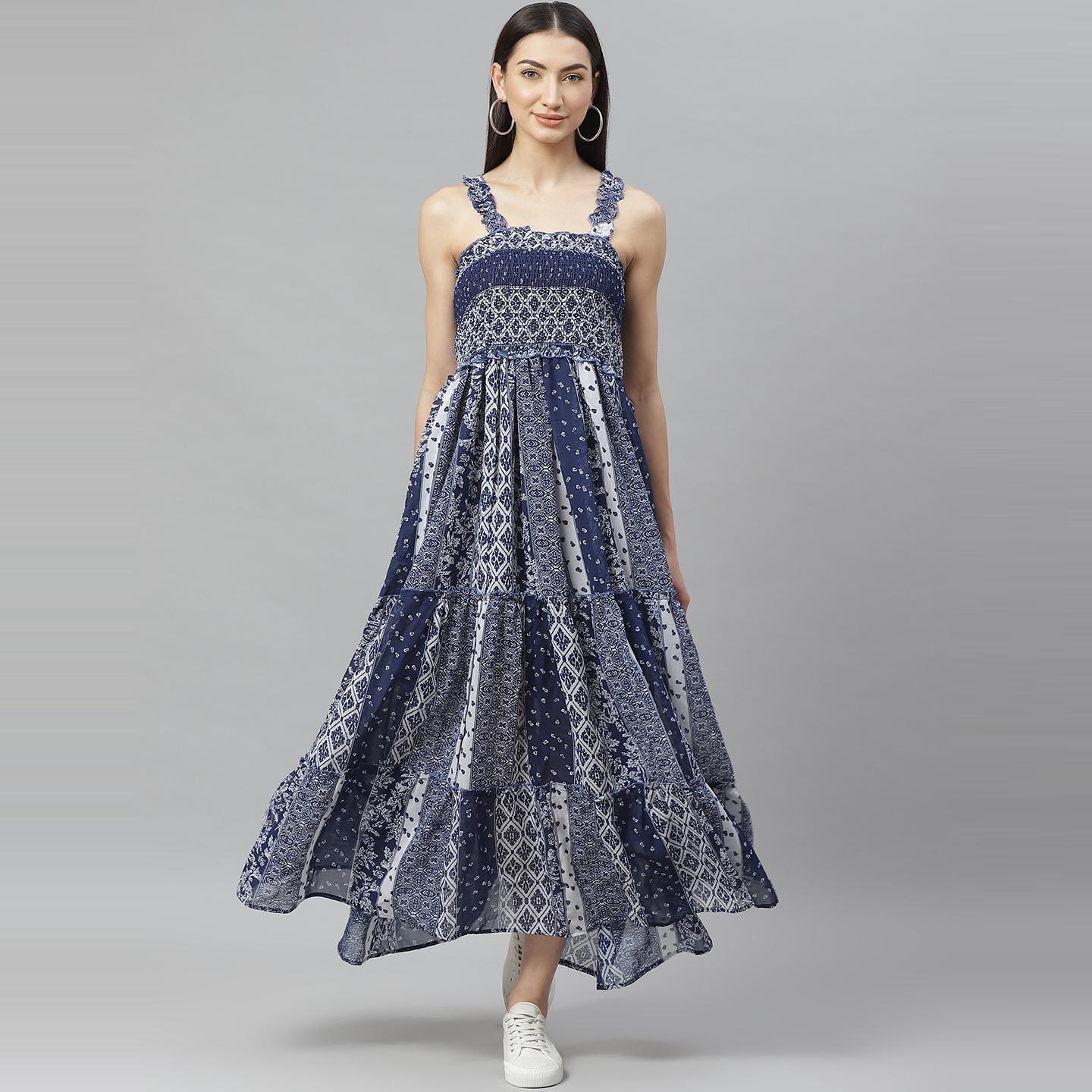 Myshka - Women's Blue Georgette Printed  Sleeveless Srep Neck Dress - Peachmode