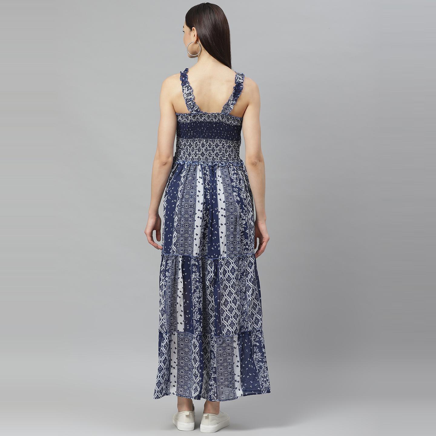 Myshka - Women's Blue Georgette Printed  Sleeveless Srep Neck Dress - Peachmode