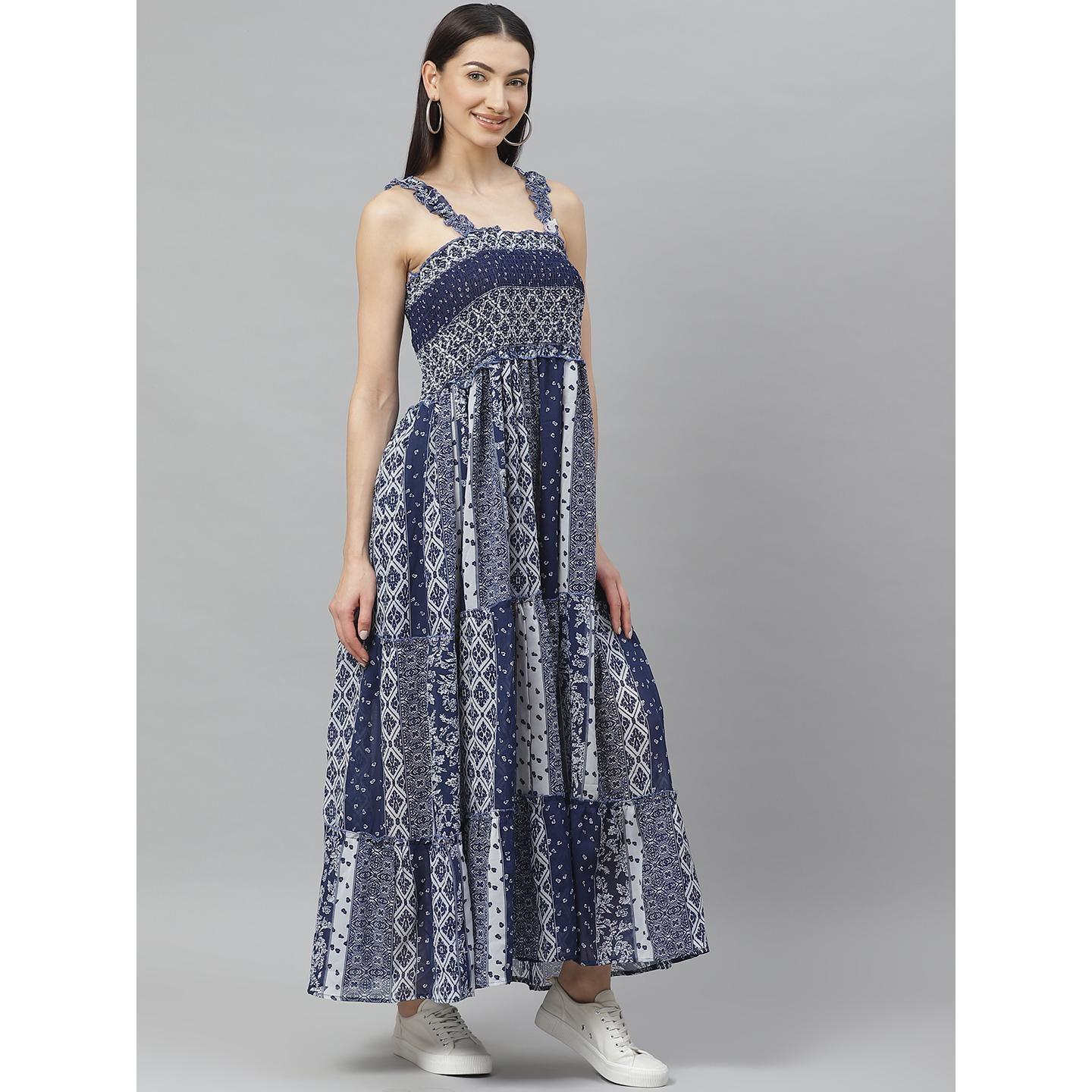 Myshka - Women's Blue Georgette Printed  Sleeveless Srep Neck Dress - Peachmode