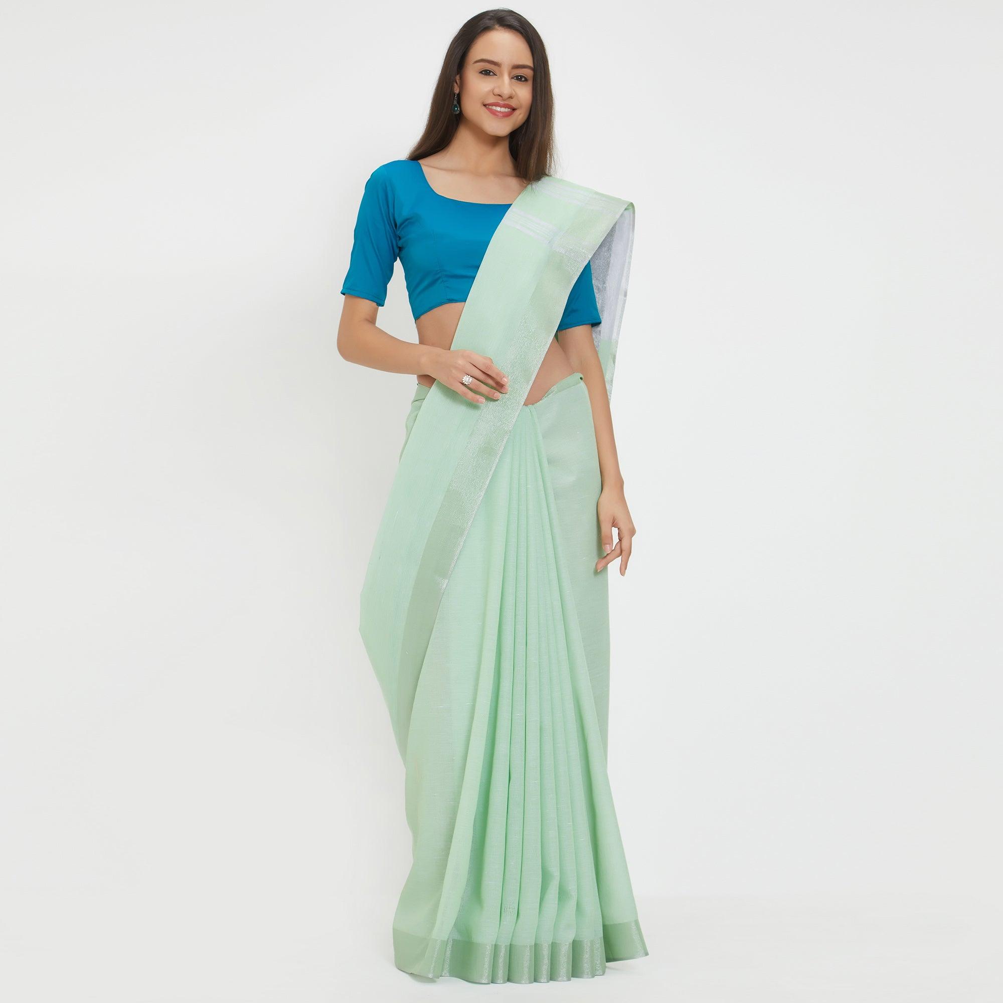 Mystical Aqua Green Colored Casual Wear Linen Saree With 2 Blouse Pieces - Peachmode