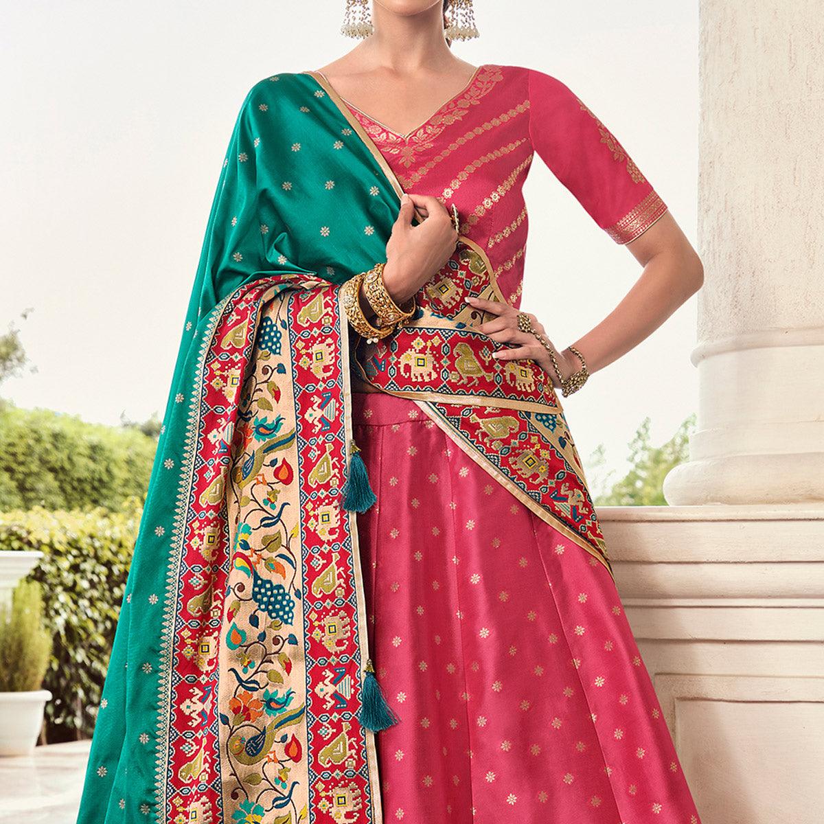 Nakkashi - Light Red Festive Wear Banarasi Art Silk Lehenga Choli - Peachmode