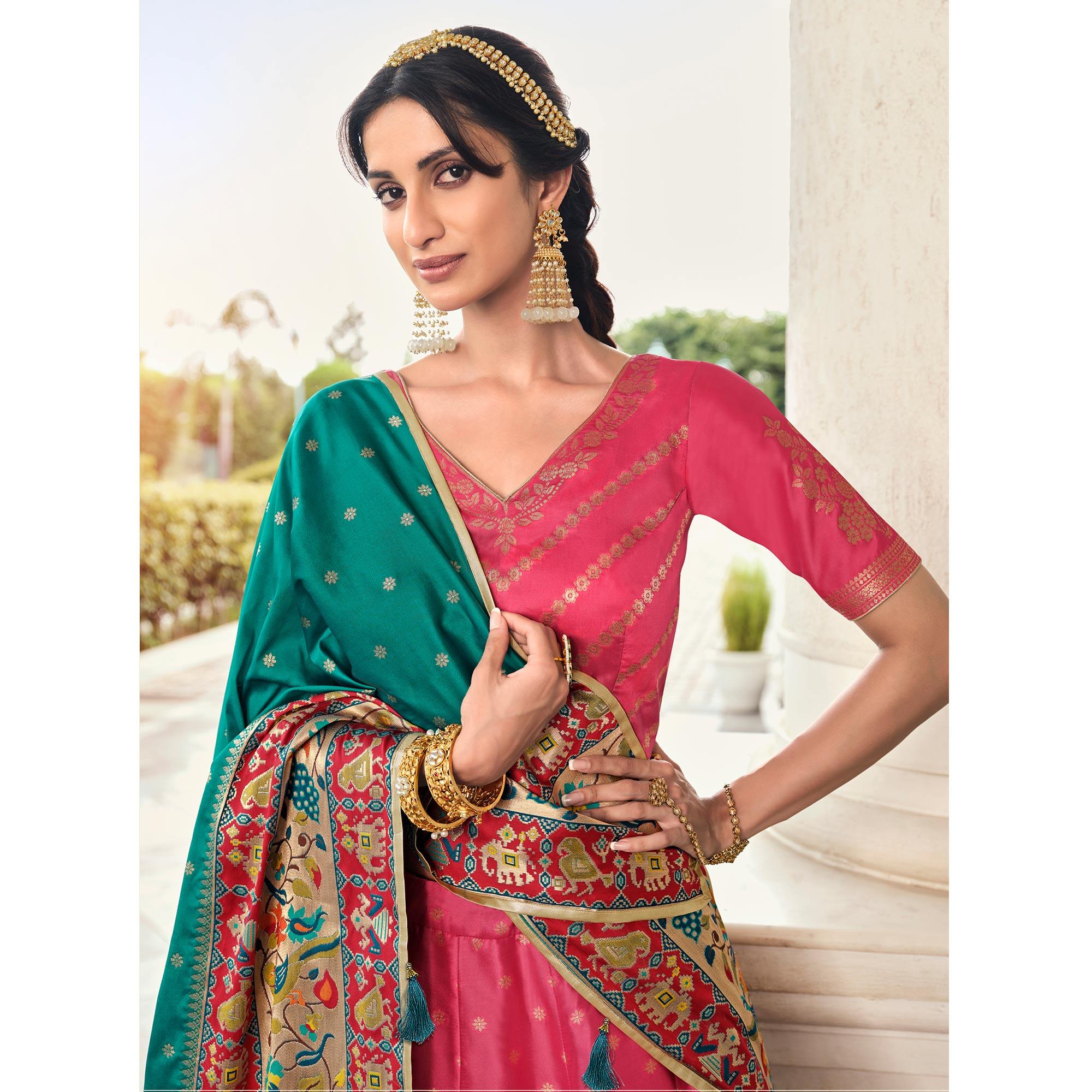 Nakkashi - Light Red Festive Wear Banarasi Art Silk Lehenga Choli - Peachmode