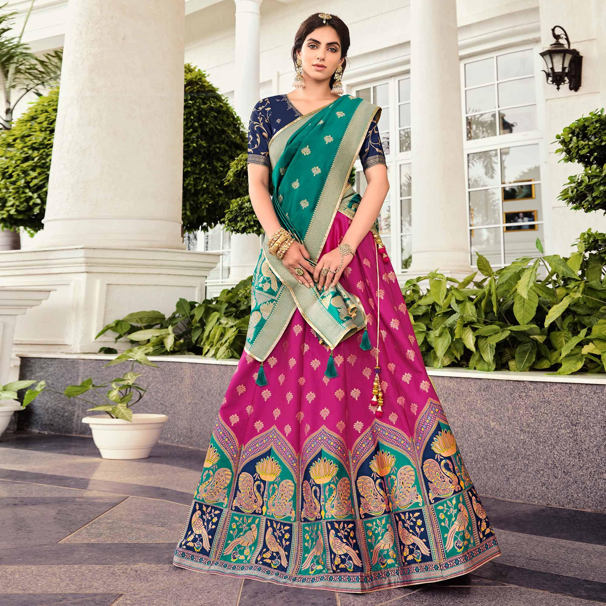 Nakkashi - Rani Pink Festive Wear Banarasi Art Silk Lehenga Choli - Peachmode