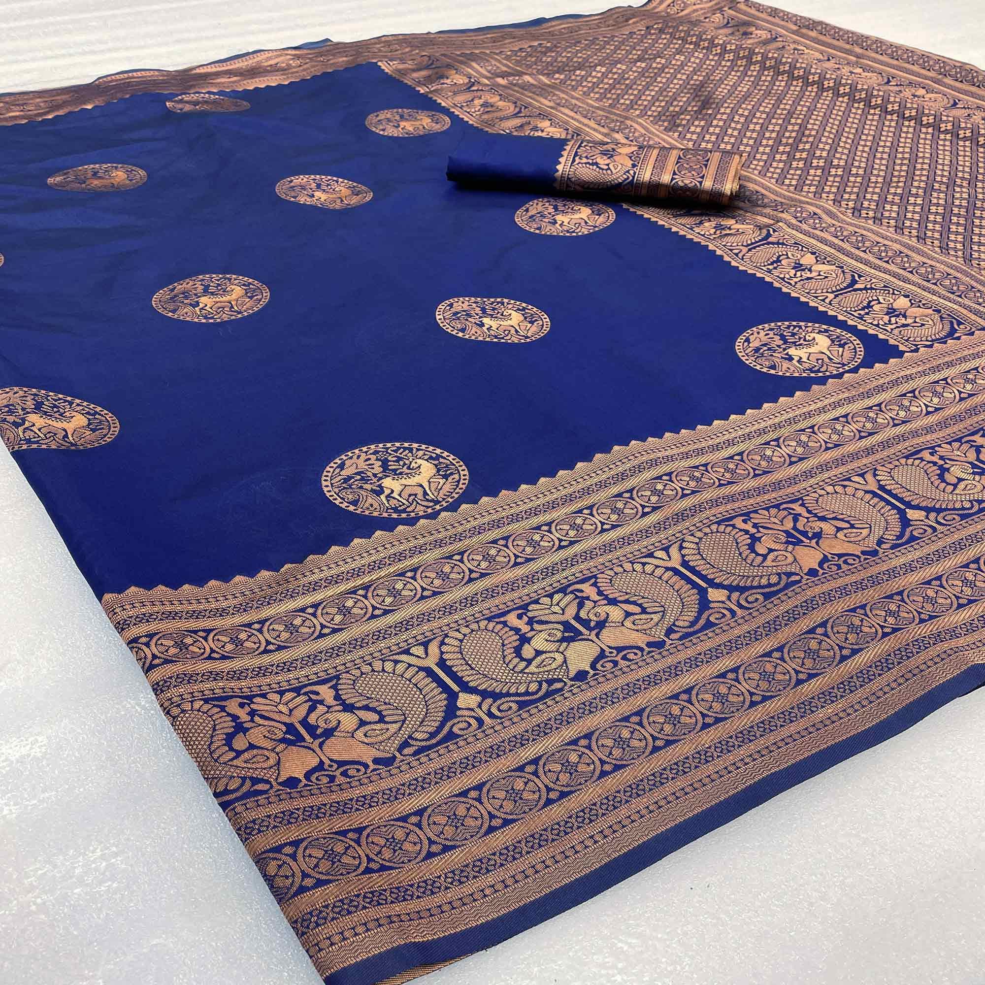 Navy Blue & Golden Woven Banarasi Silk Saree - Peachmode