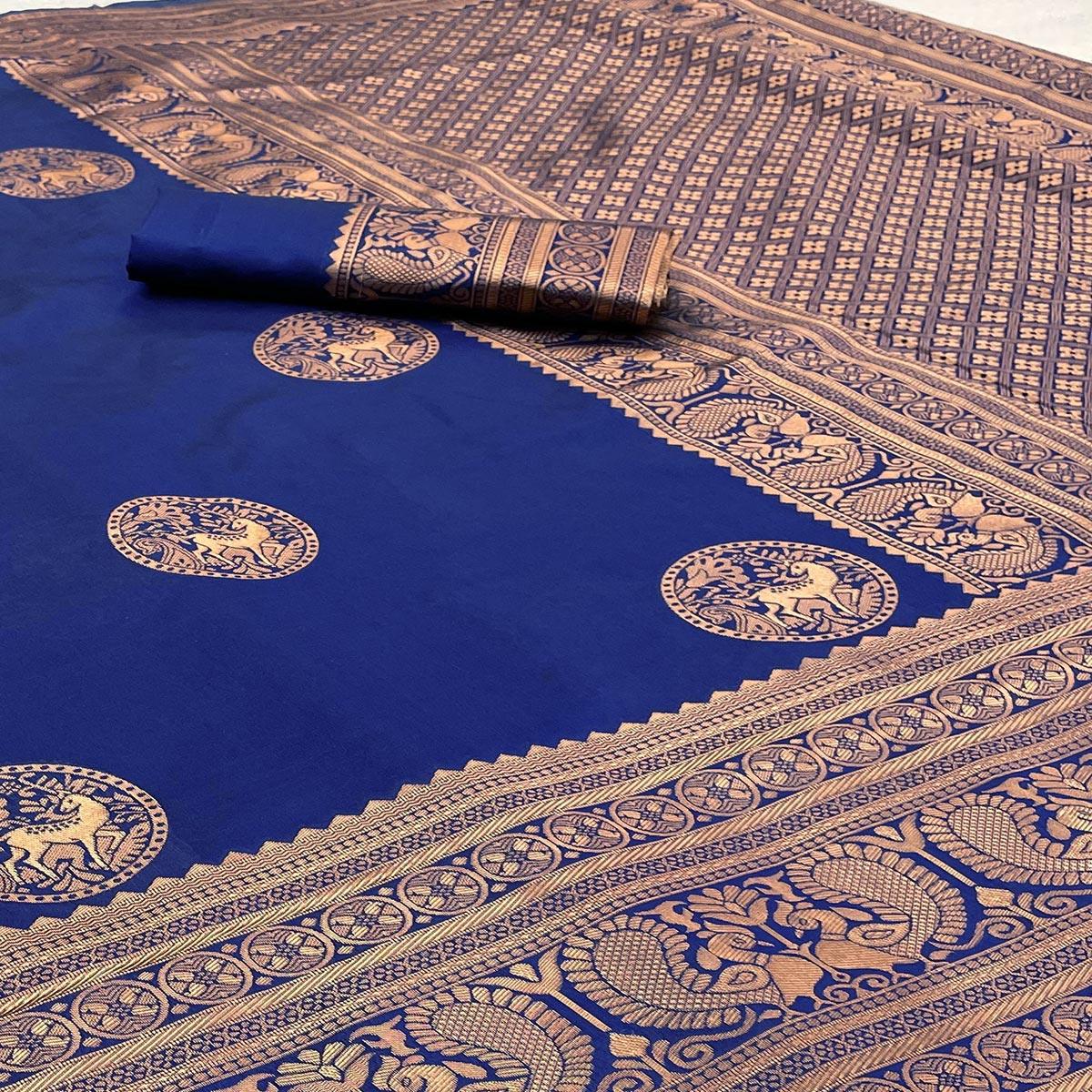 Navy Blue & Golden Woven Banarasi Silk Saree - Peachmode