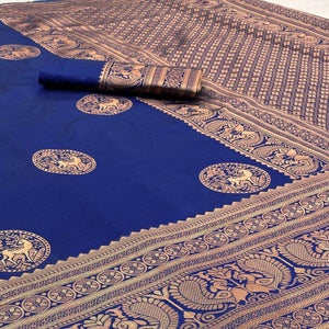 Navy Blue & Golden Woven Banarasi Silk Saree - Peachmode