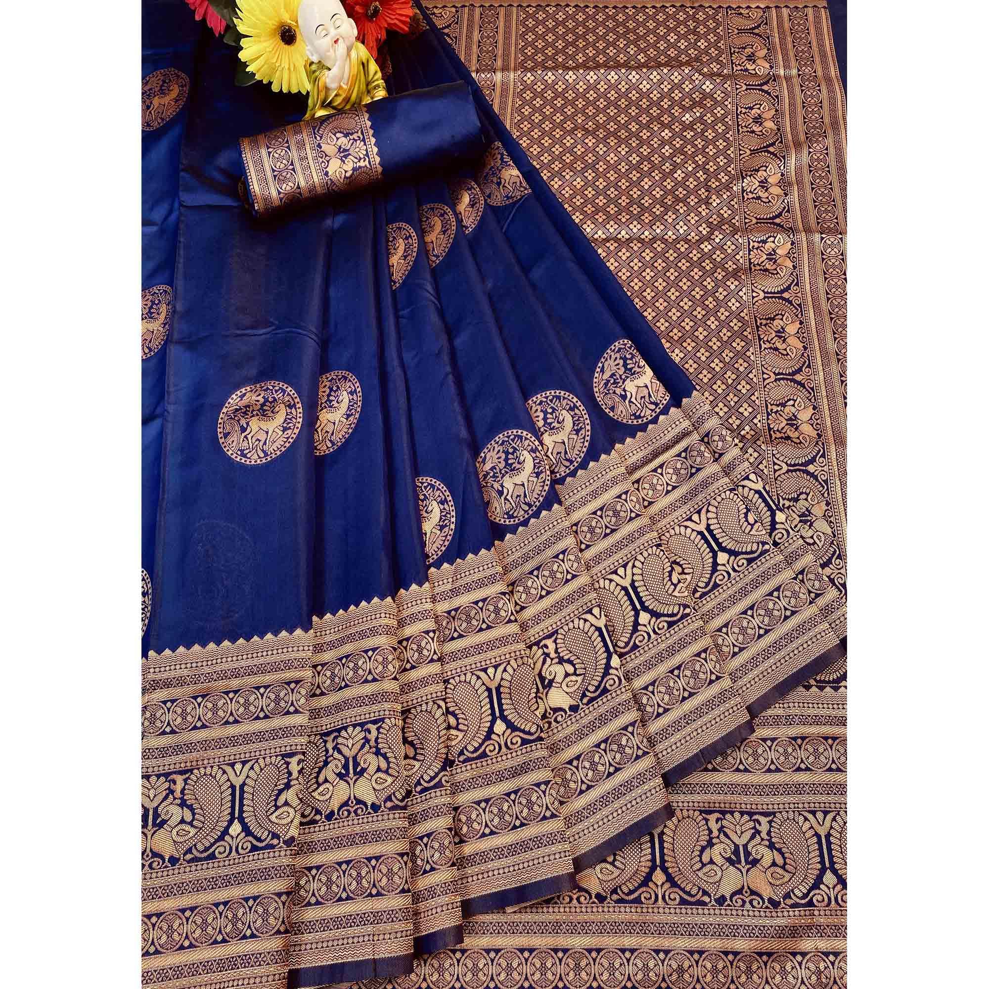 Navy Blue & Golden Woven Banarasi Silk Saree - Peachmode