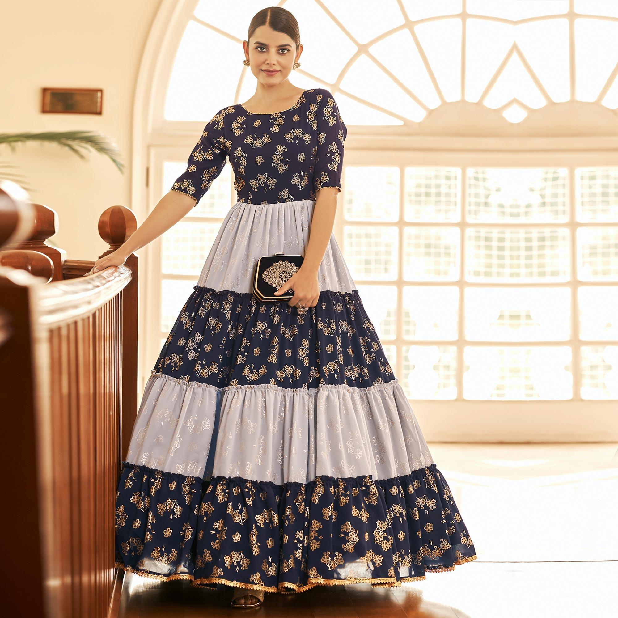 Navy Blue & Grey Partywear Metallic Foil Work Georgette Gown - Peachmode