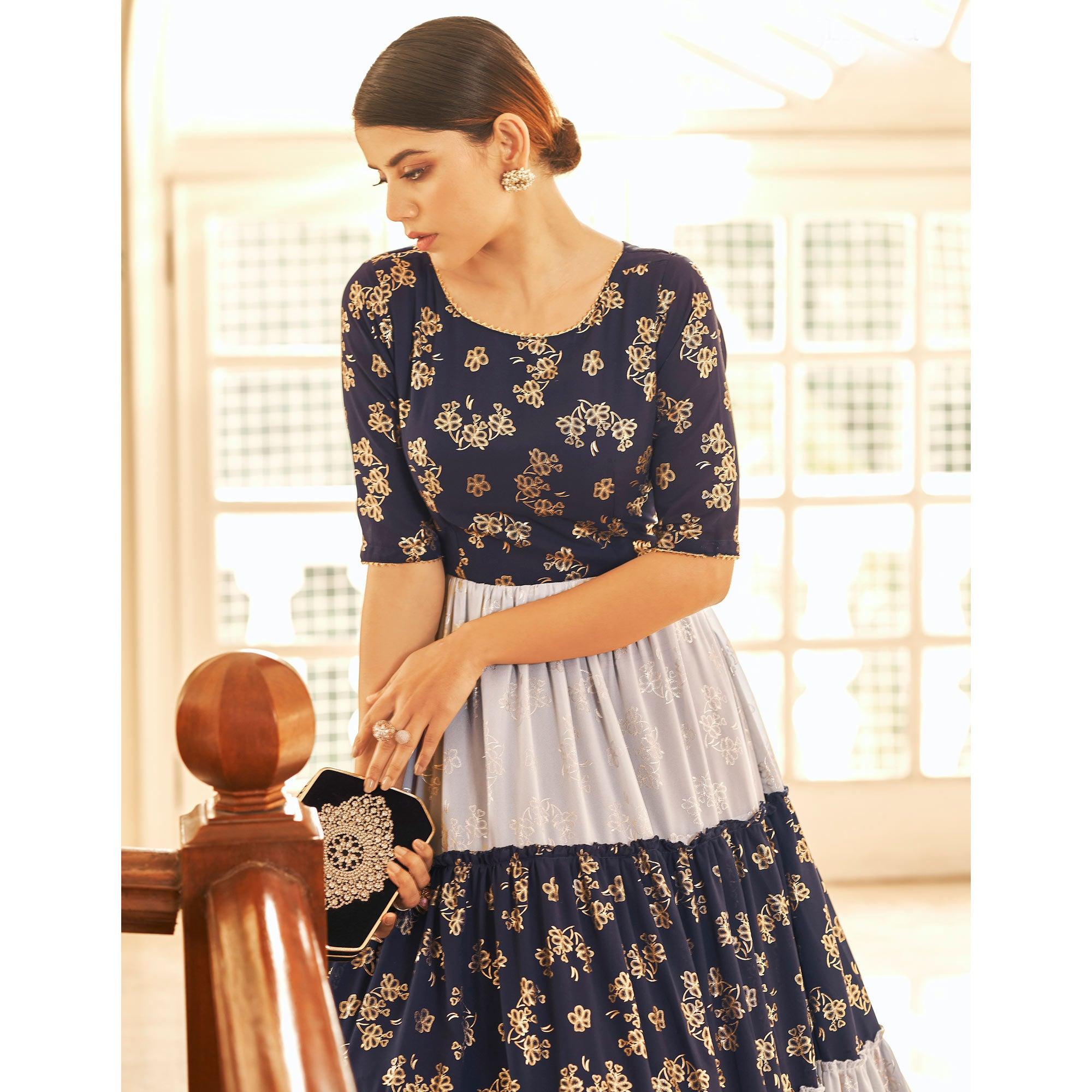 Navy Blue & Grey Partywear Metallic Foil Work Georgette Gown - Peachmode