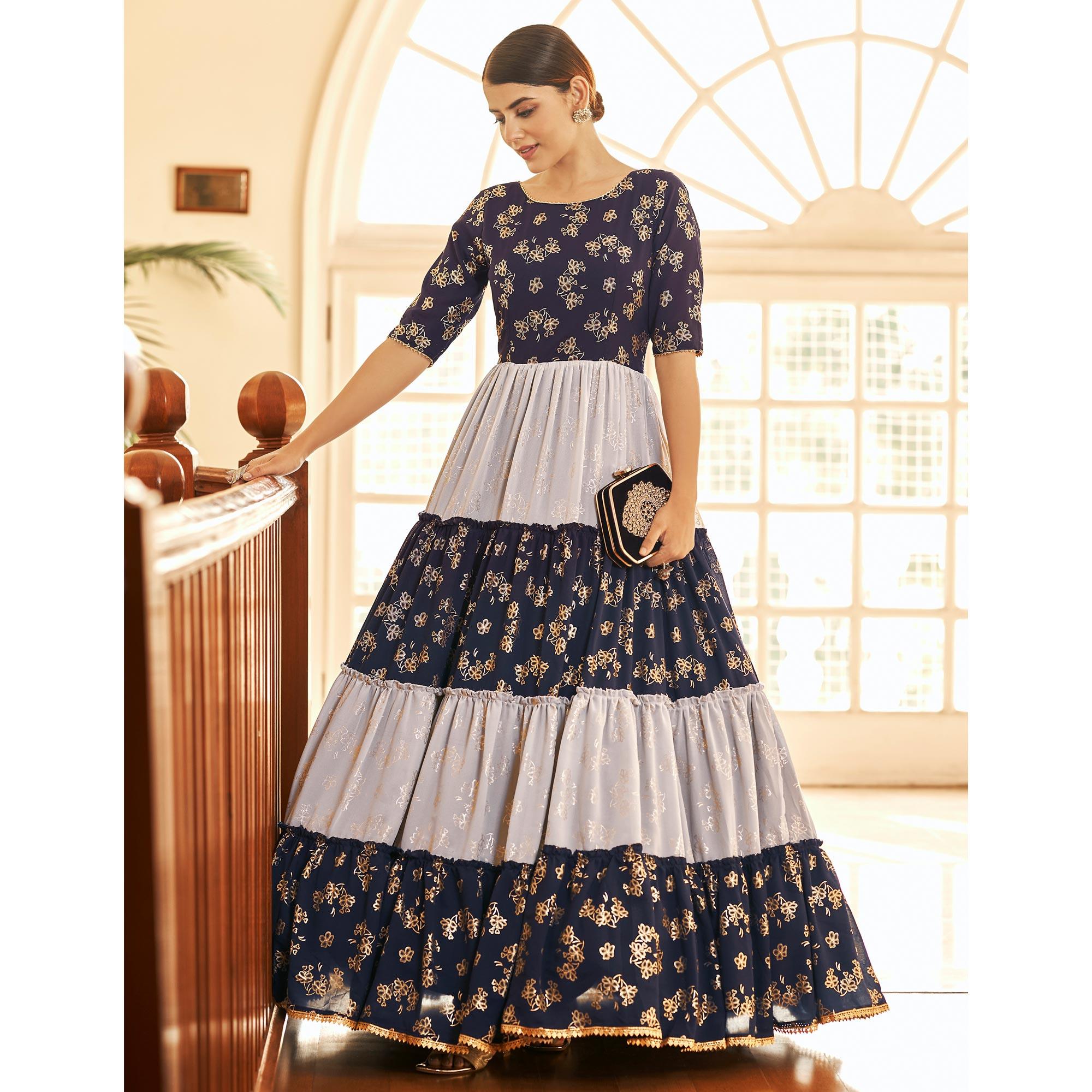 Navy Blue & Grey Partywear Metallic Foil Work Georgette Gown - Peachmode