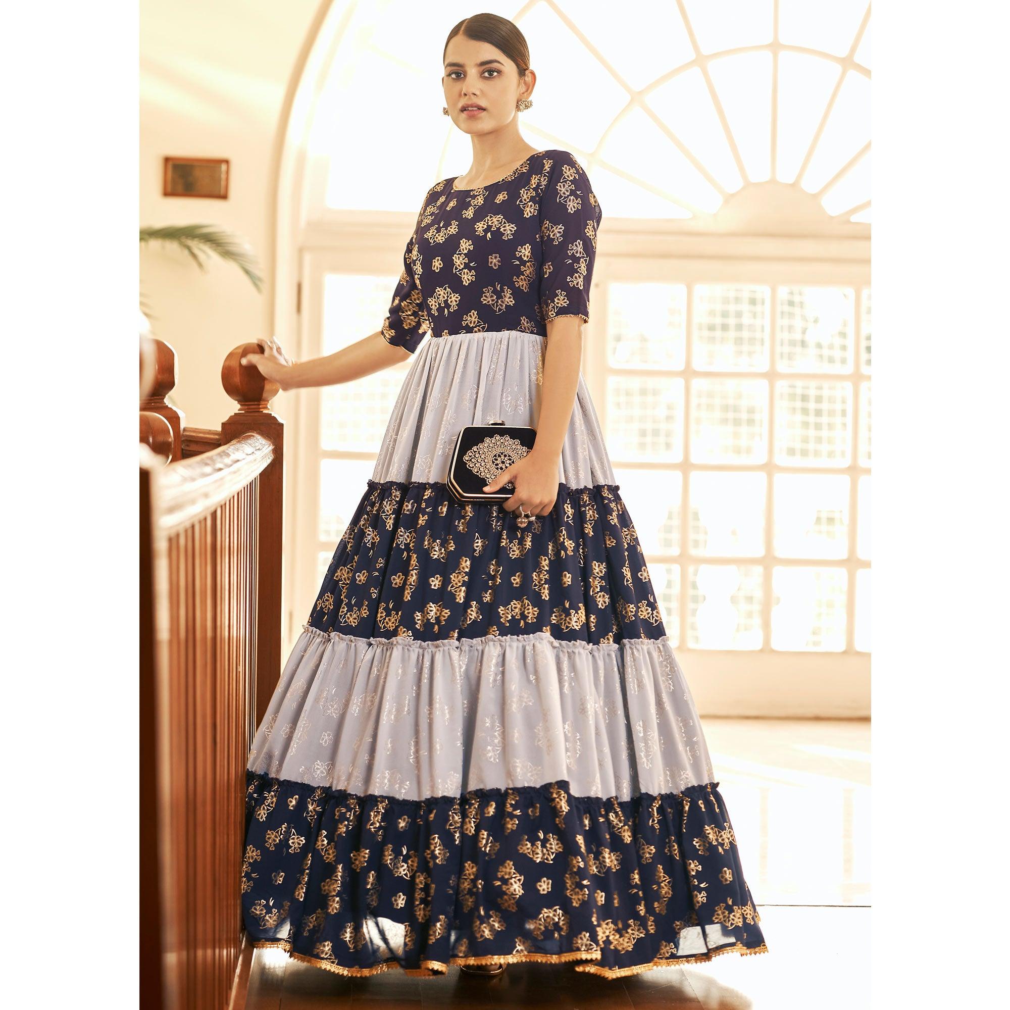 Navy Blue & Grey Partywear Metallic Foil Work Georgette Gown - Peachmode