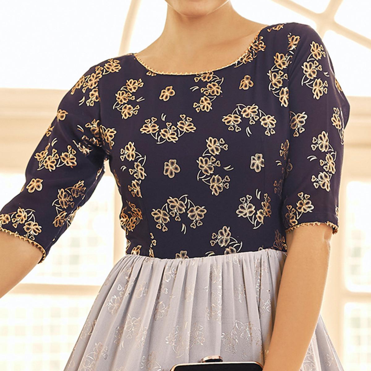 Navy Blue & Grey Partywear Metallic Foil Work Georgette Gown - Peachmode