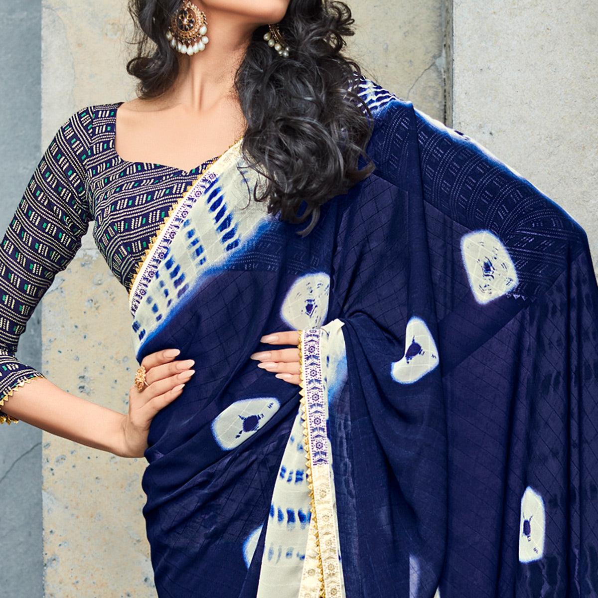 Navy Blue & Off White Printed With Gota Patti Border Georgette Saree - Peachmode