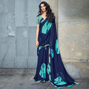 Navy Blue & Turquoise Printed With Gota Patti Border Georgette Saree - Peachmode