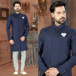 Navy Blue Art Silk Men's Kurta Pyjama Set - Peachmode