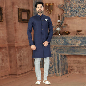 Navy Blue Art Silk Men's Kurta Pyjama Set - Peachmode