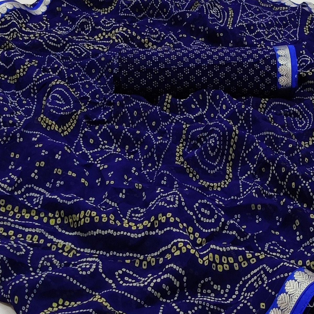 Navy Blue Bandhani Printed Georgette Saree - Peachmode
