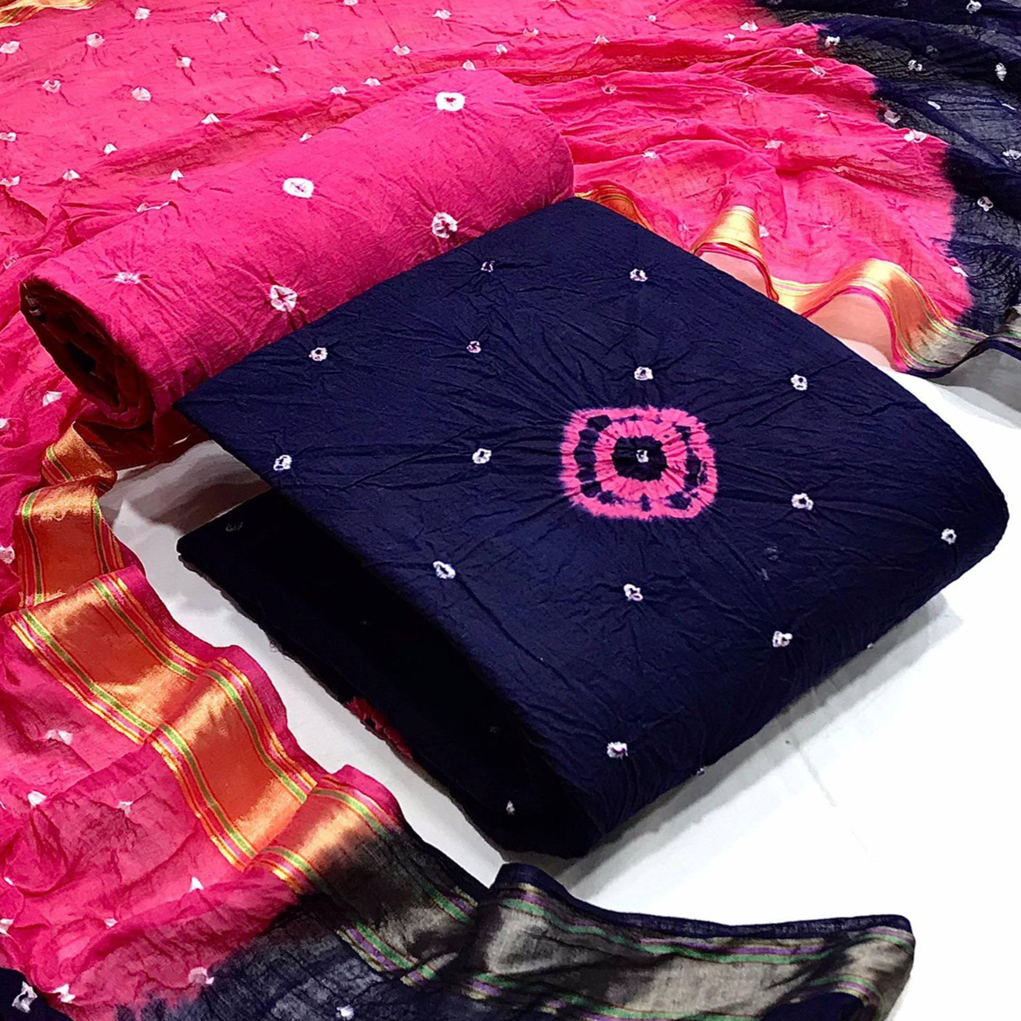 Navy Blue Bandhani Printed Pure Cotton Dress Material - Peachmode