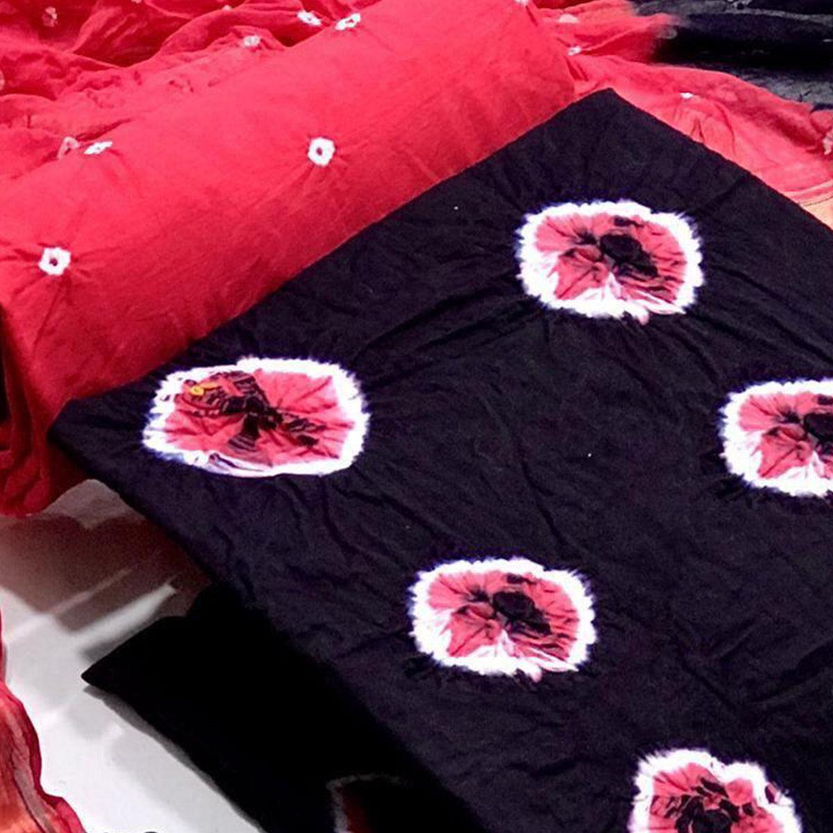 Navy Blue Bandhani Printed Pure Cotton Dress Material - Peachmode