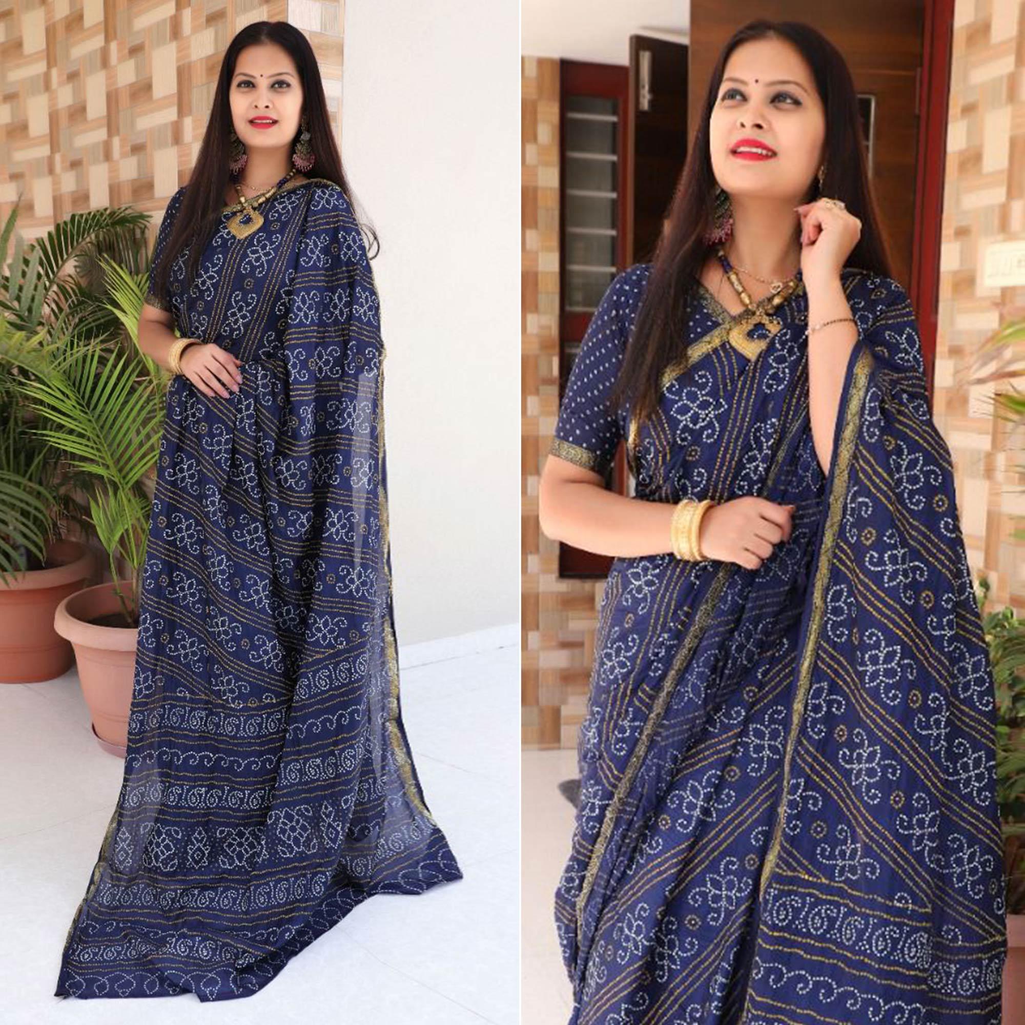 Navy Blue Bandhani Printed With Woven Border Tapetta Silk Saree - Peachmode