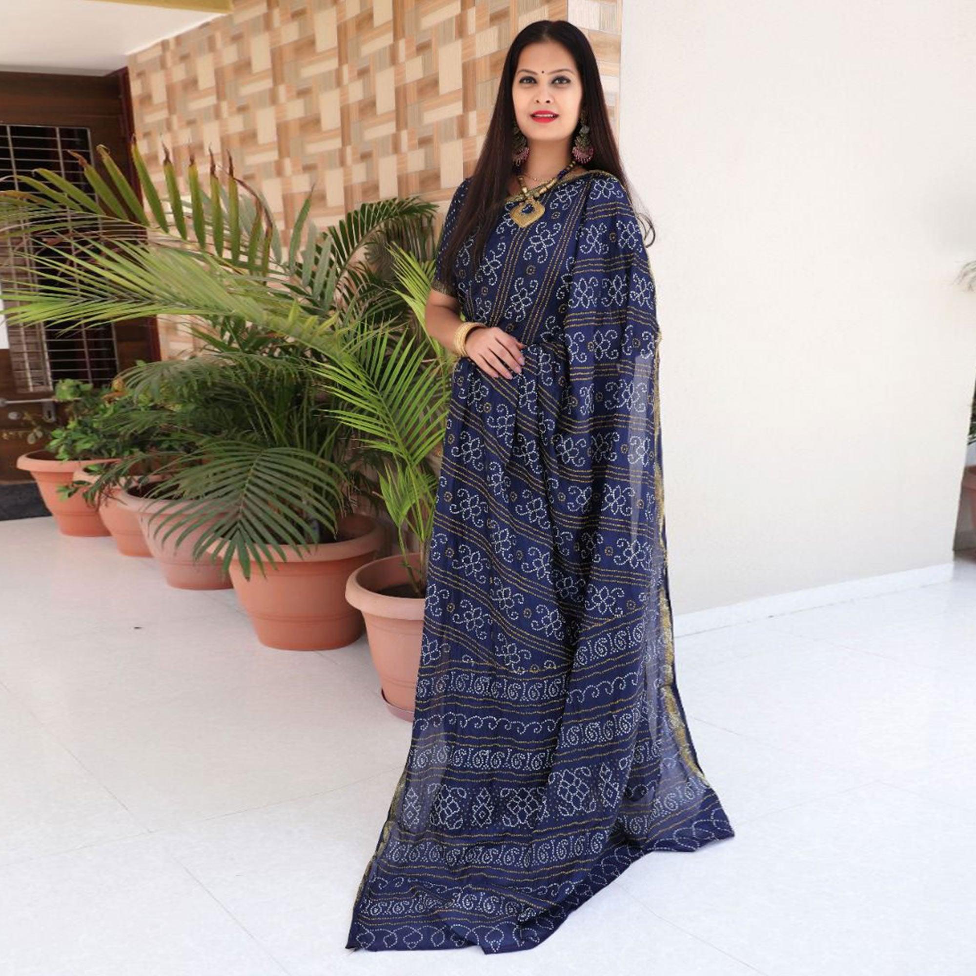 Navy Blue Bandhani Printed With Woven Border Tapetta Silk Saree - Peachmode