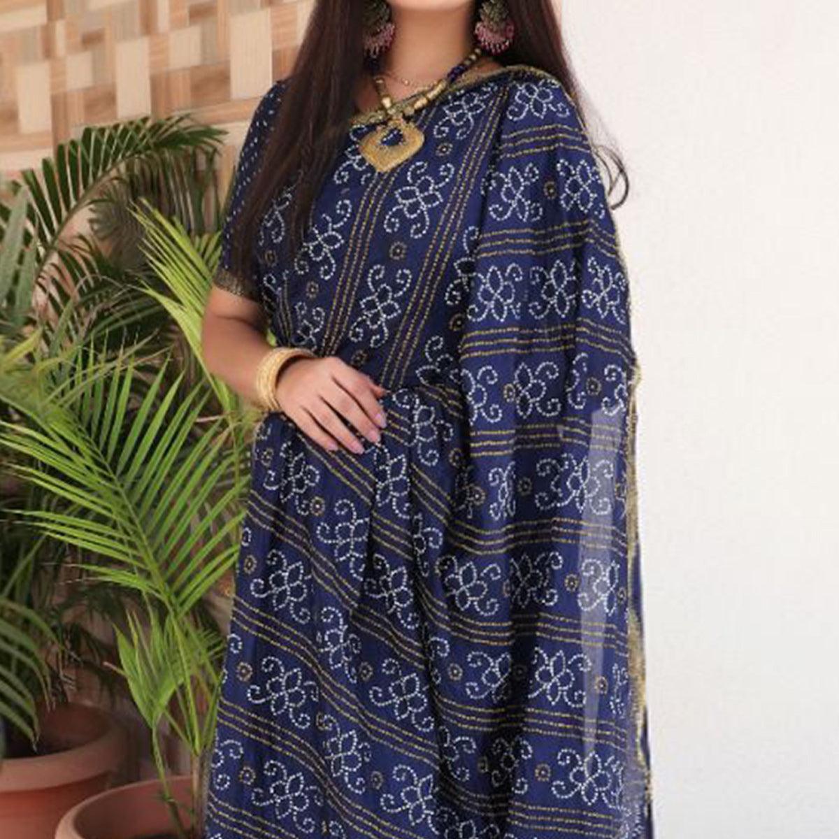Navy Blue Bandhani Printed With Woven Border Tapetta Silk Saree - Peachmode