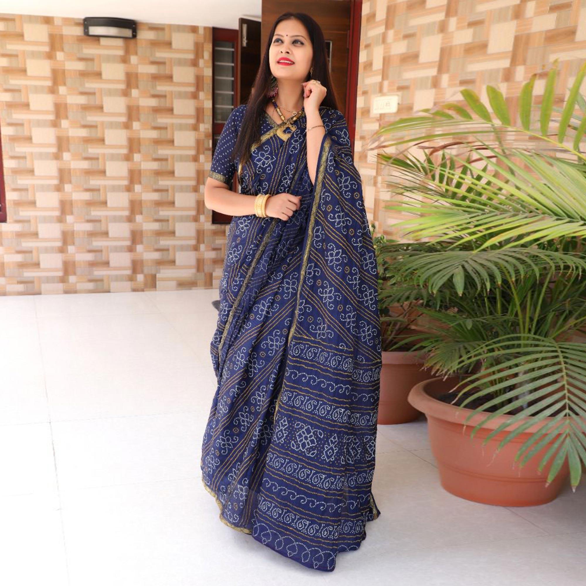 Navy Blue Bandhani Printed With Woven Border Tapetta Silk Saree - Peachmode