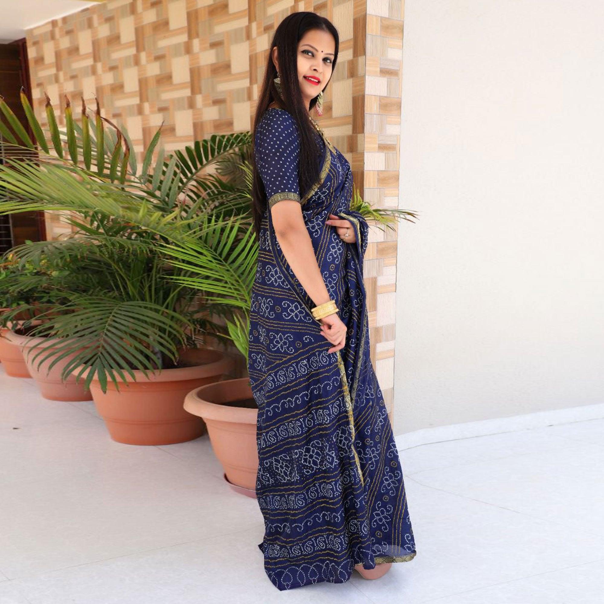 Navy Blue Bandhani Printed With Woven Border Tapetta Silk Saree - Peachmode