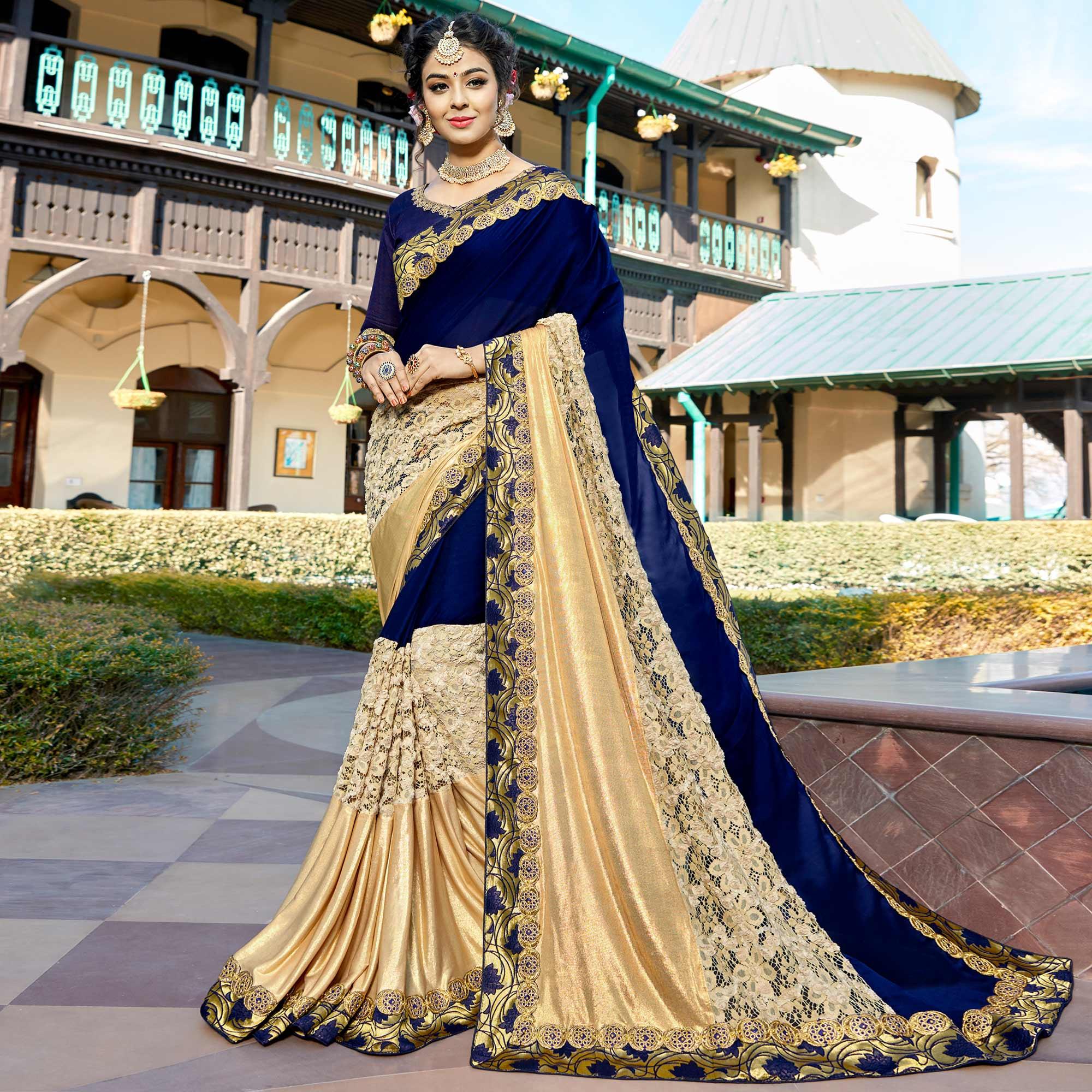 Navy Blue - Beige Partywear Woven Imported Fabric Saree - Peachmode