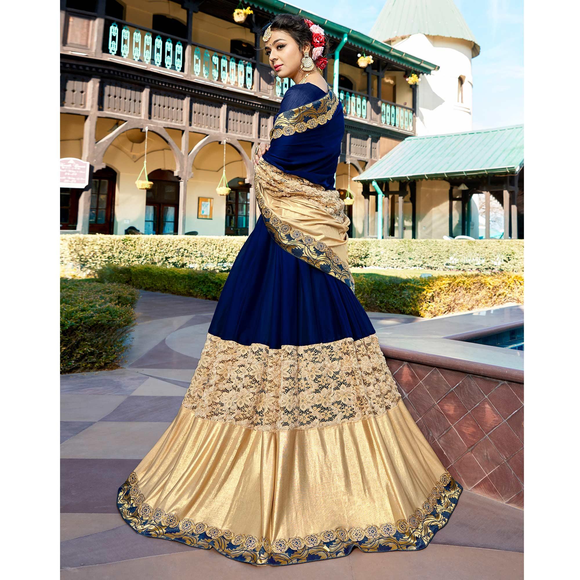 Navy Blue - Beige Partywear Woven Imported Fabric Saree - Peachmode