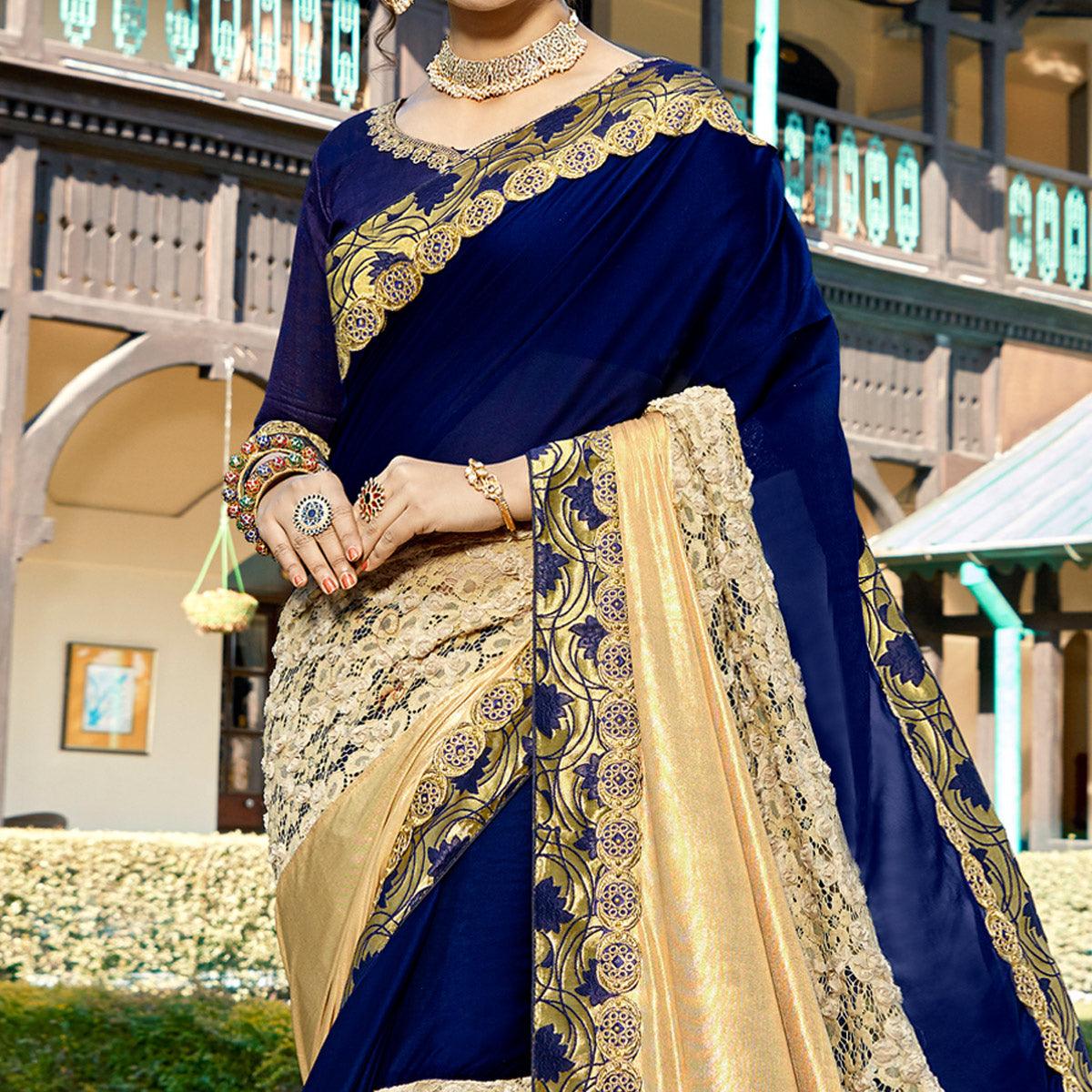 Navy Blue - Beige Partywear Woven Imported Fabric Saree - Peachmode