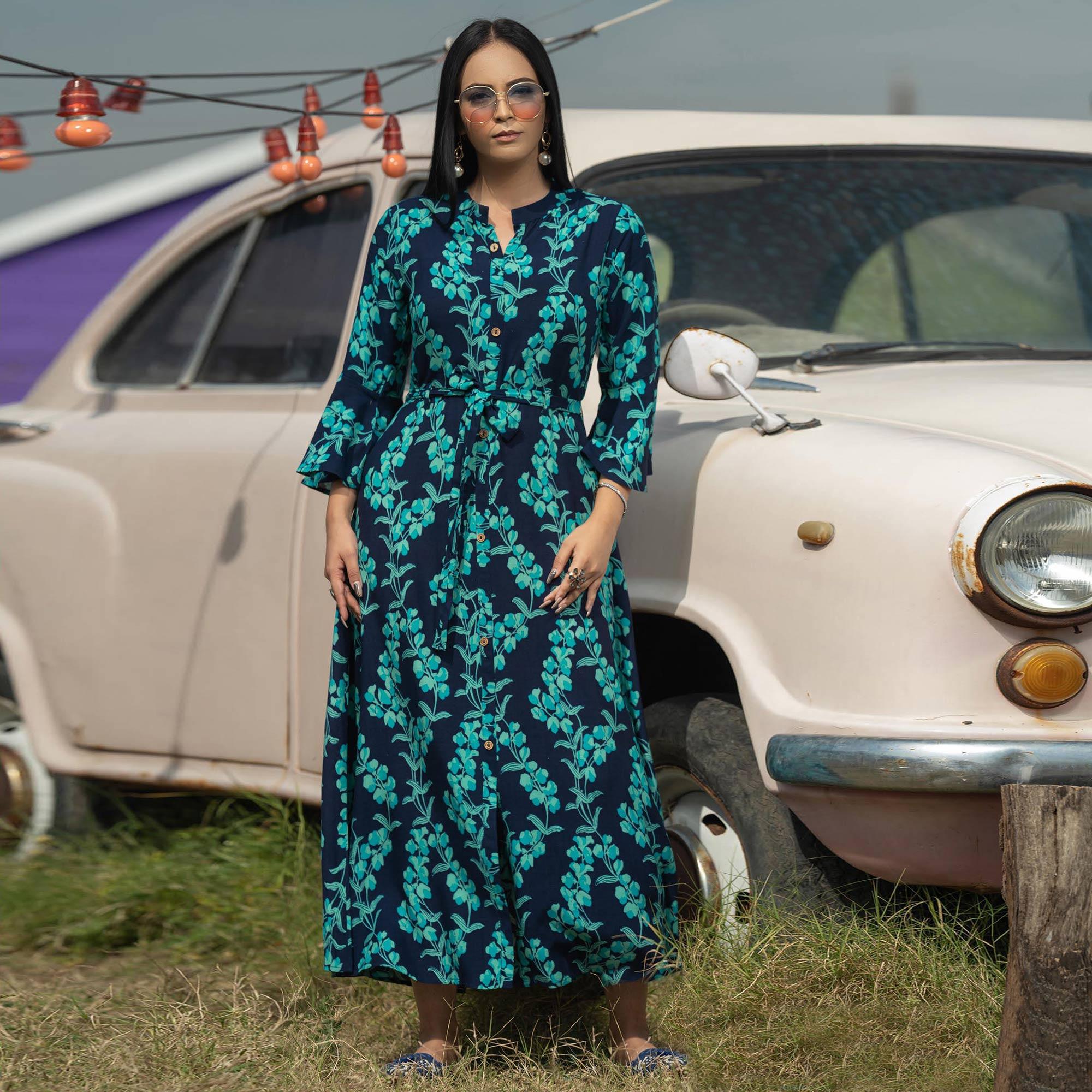 Navy Blue Casual Ankle Length Printed Rayon Gown With Belt - Peachmode