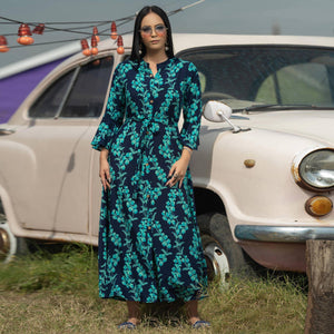 Navy Blue Casual Ankle Length Printed Rayon Gown With Belt - Peachmode