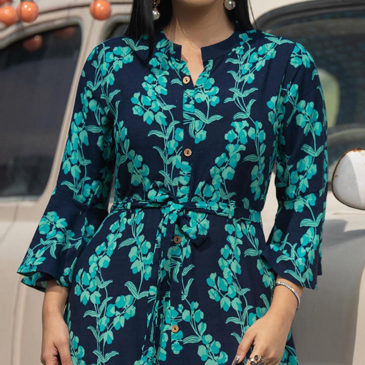 Navy Blue Casual Ankle Length Printed Rayon Gown With Belt - Peachmode