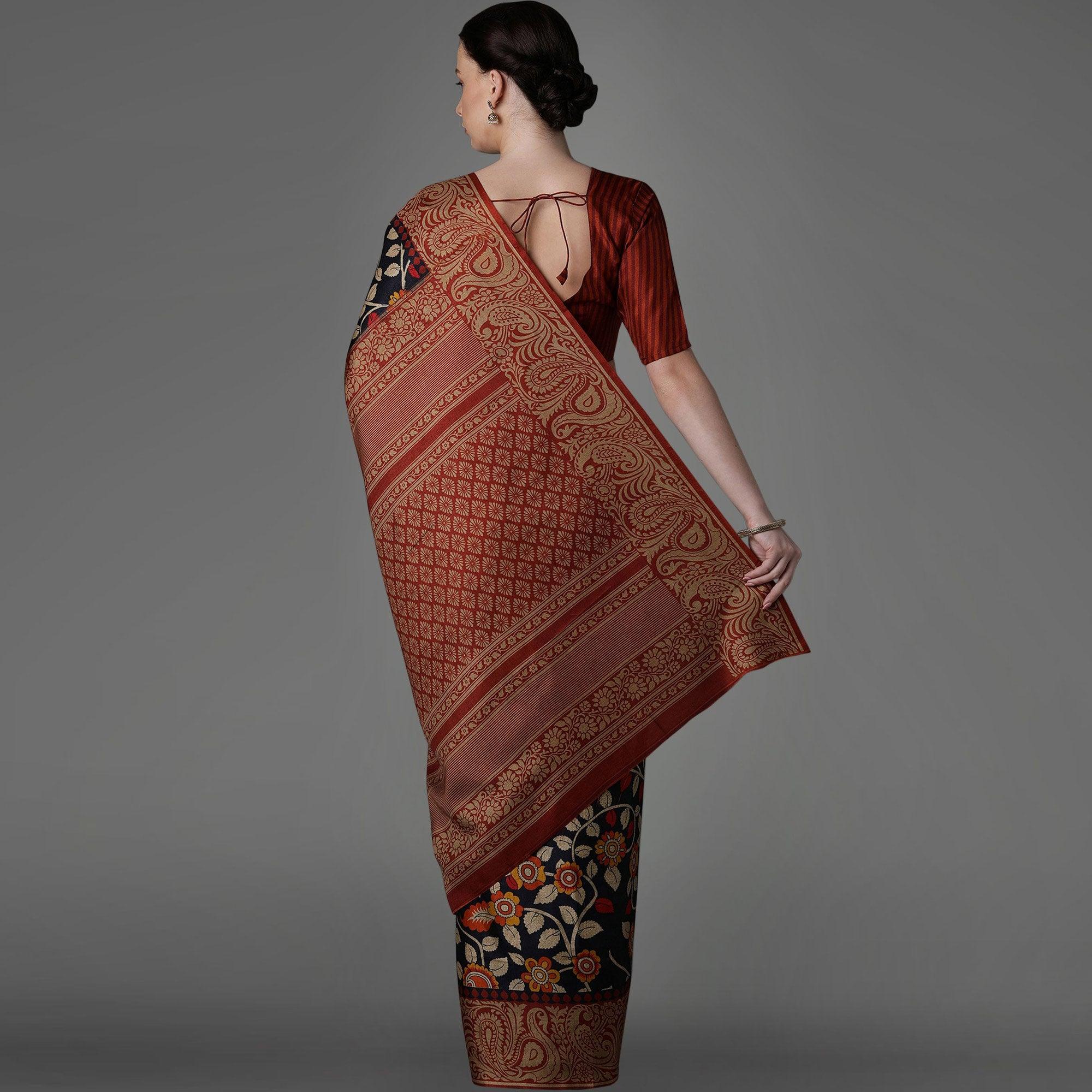 Navy Blue Casual Art Silk Printed Saree With Unstitched Blouse - Peachmode