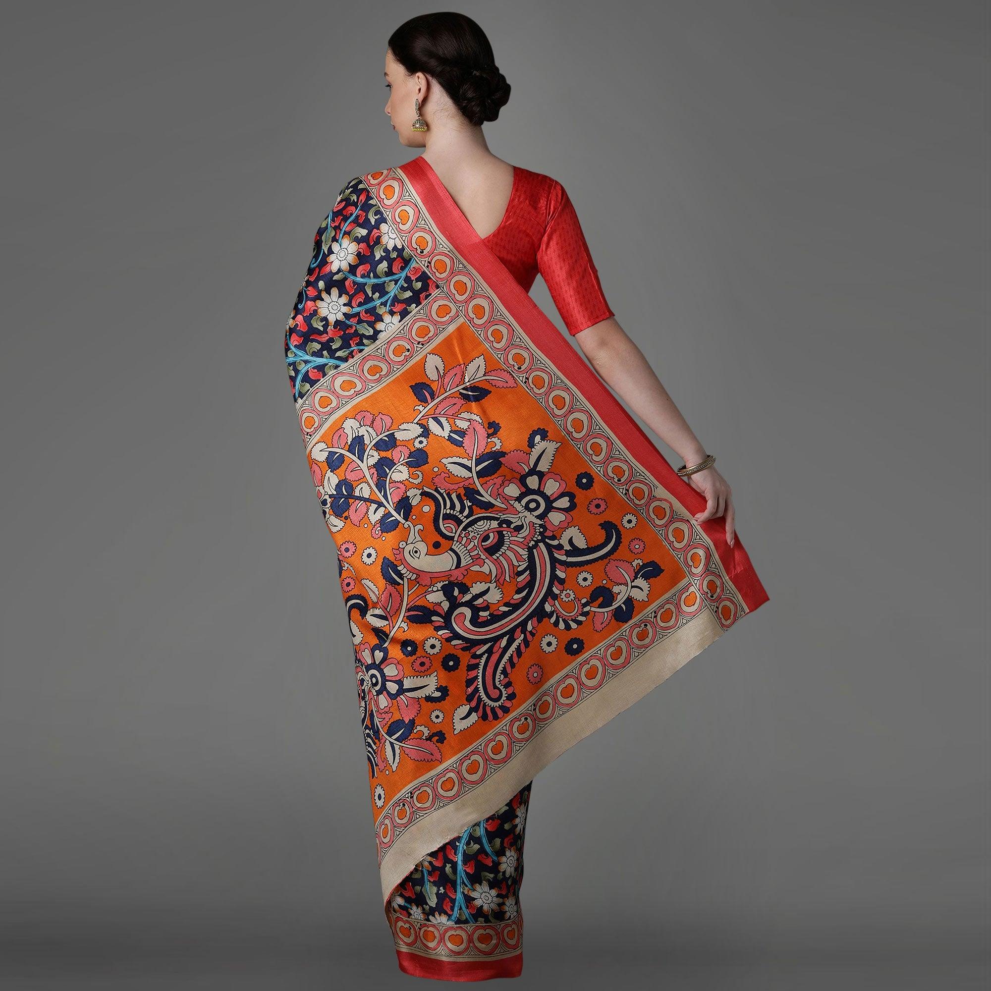 Navy Blue Casual Art Silk Printed Saree With Unstitched Blouse - Peachmode