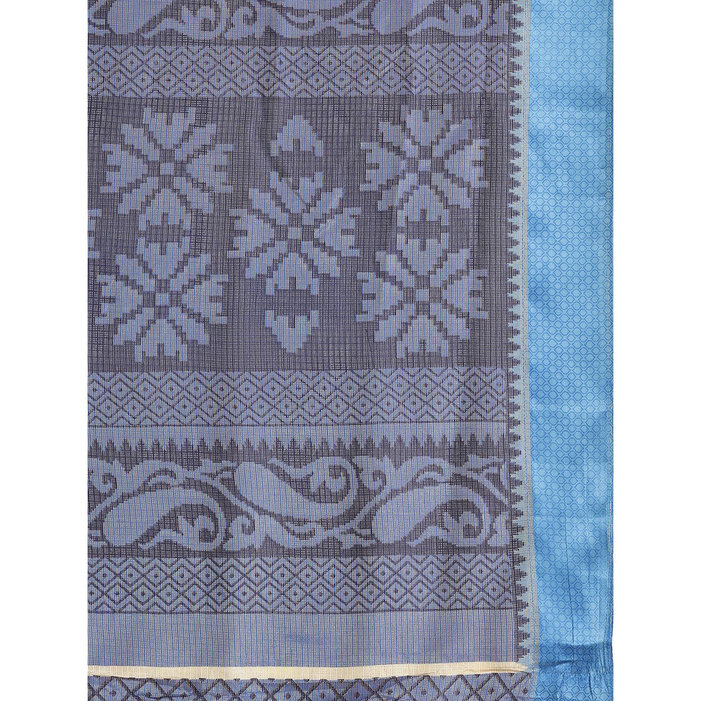 Navy Blue Casual Brasso Printed Saree With Unstitched Blouse - Peachmode