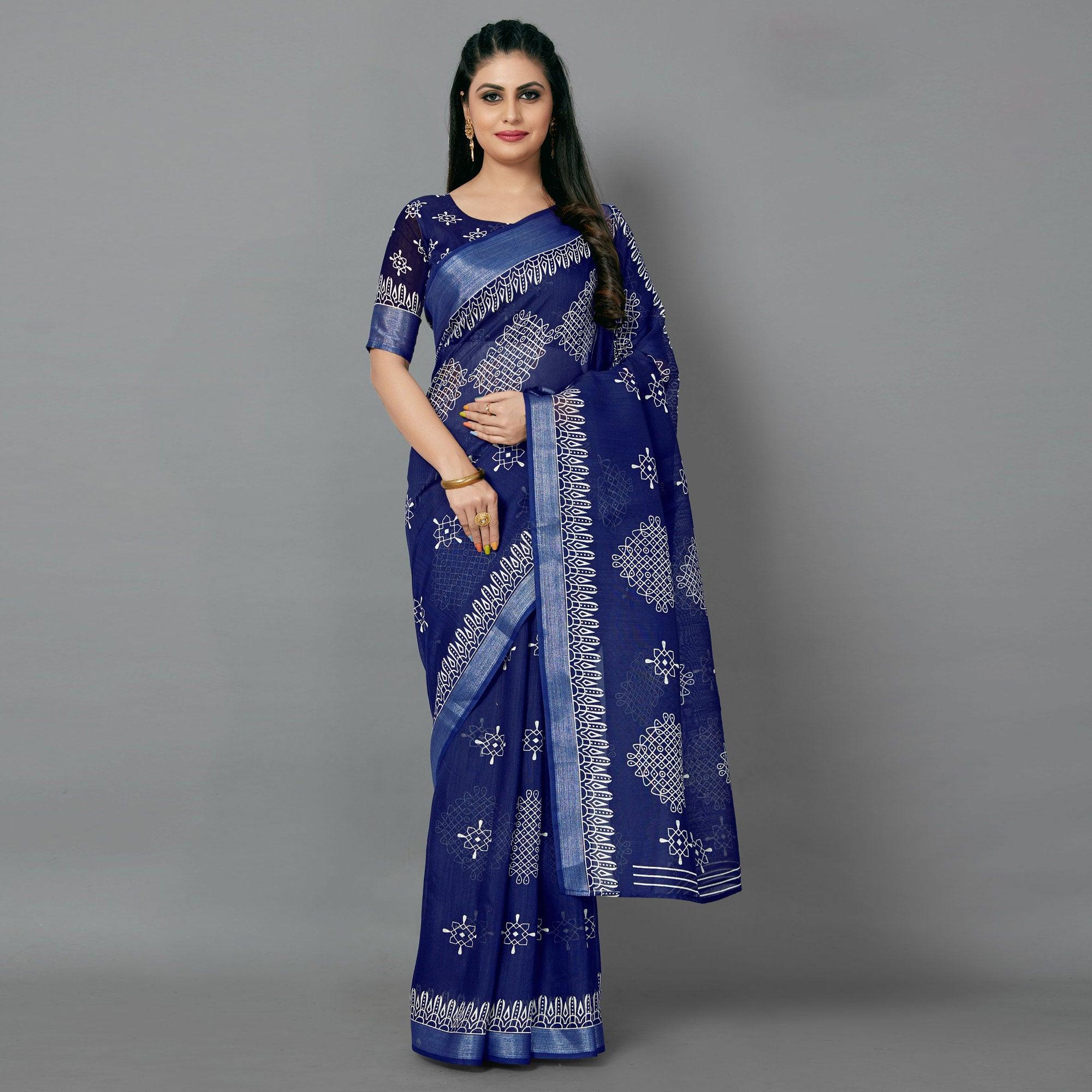 Navy Blue Casual Cotton Printed Saree With Unstitched Blouse - Peachmode
