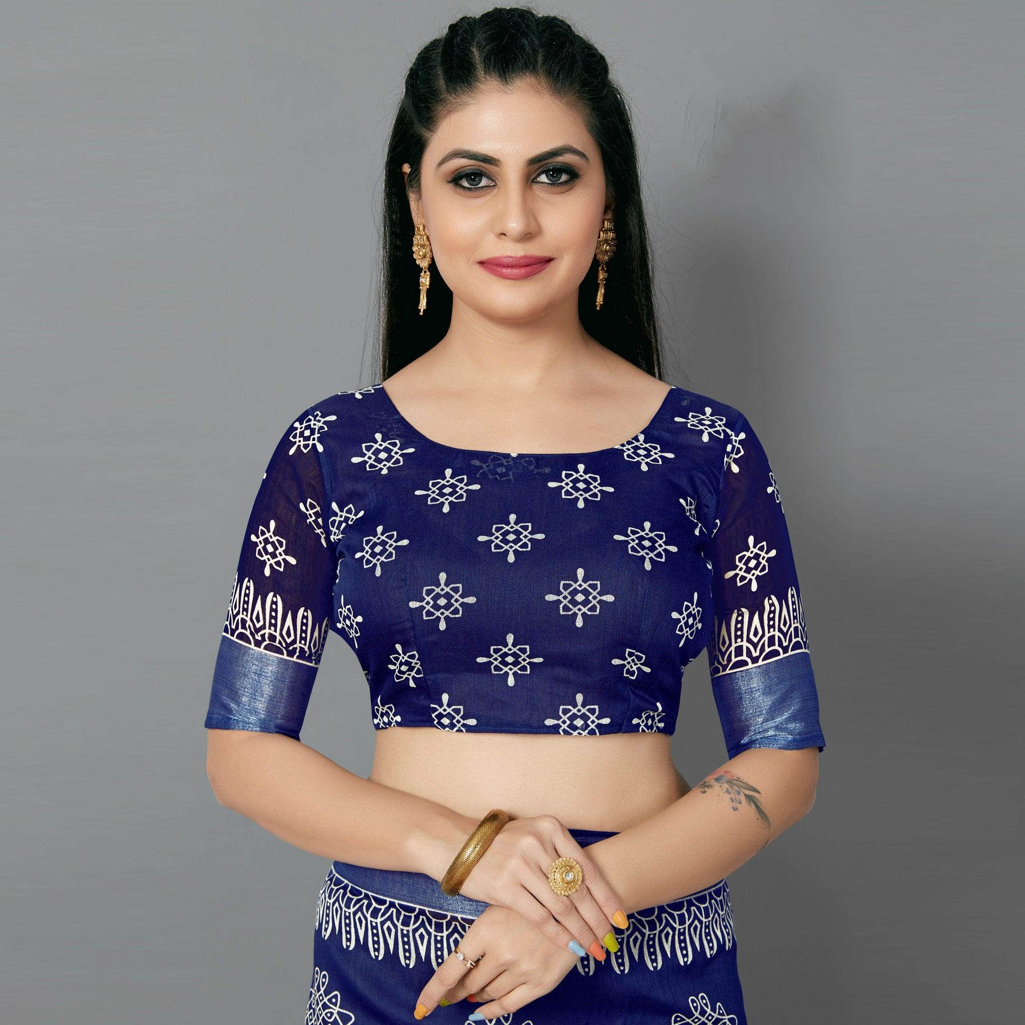 Navy Blue Casual Cotton Printed Saree With Unstitched Blouse - Peachmode