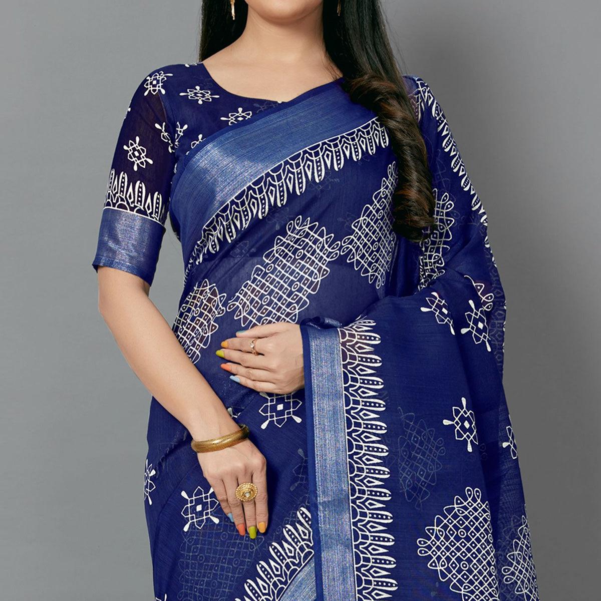 Navy Blue Casual Cotton Printed Saree With Unstitched Blouse - Peachmode