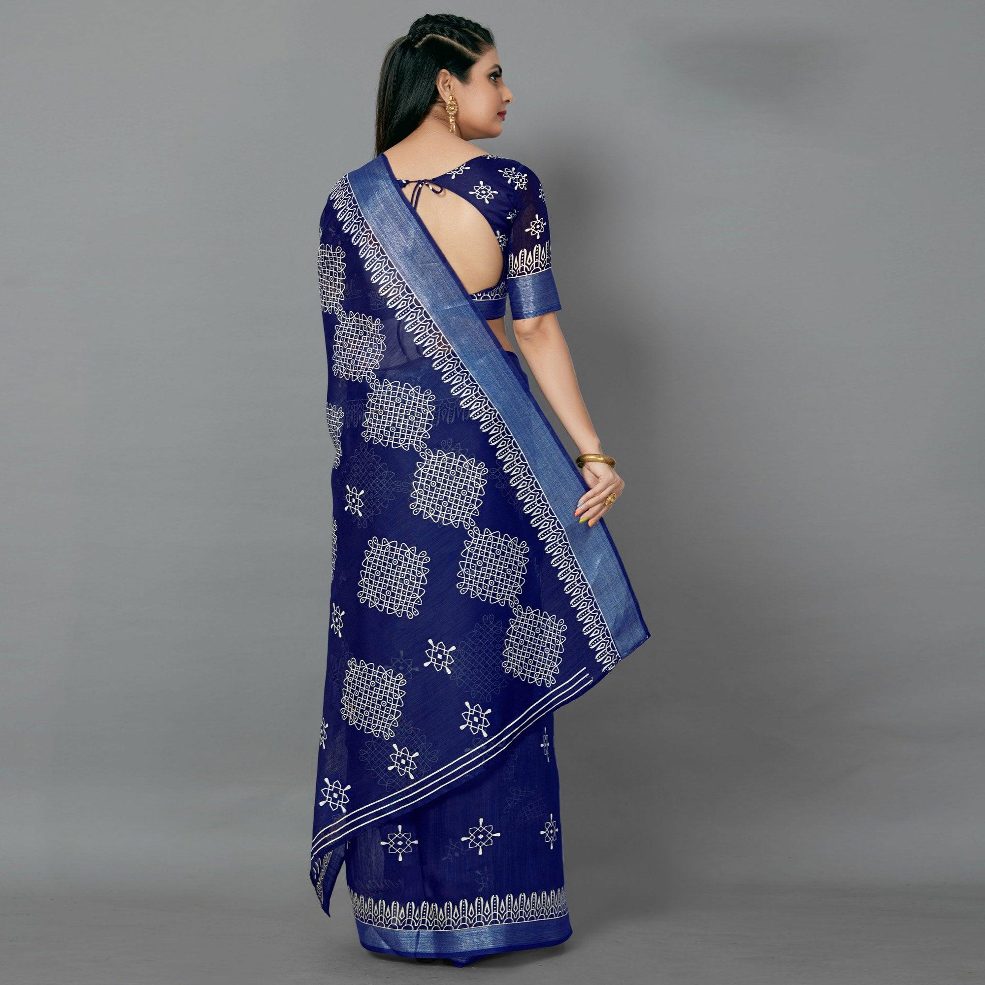 Navy Blue Casual Cotton Printed Saree With Unstitched Blouse - Peachmode