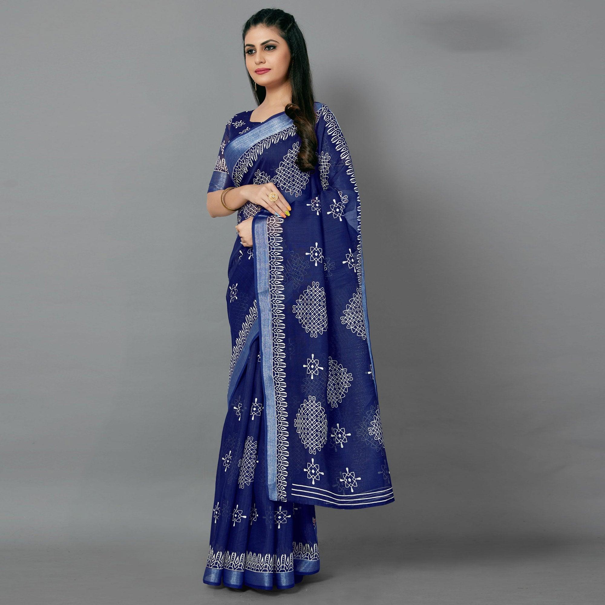 Navy Blue Casual Cotton Printed Saree With Unstitched Blouse - Peachmode