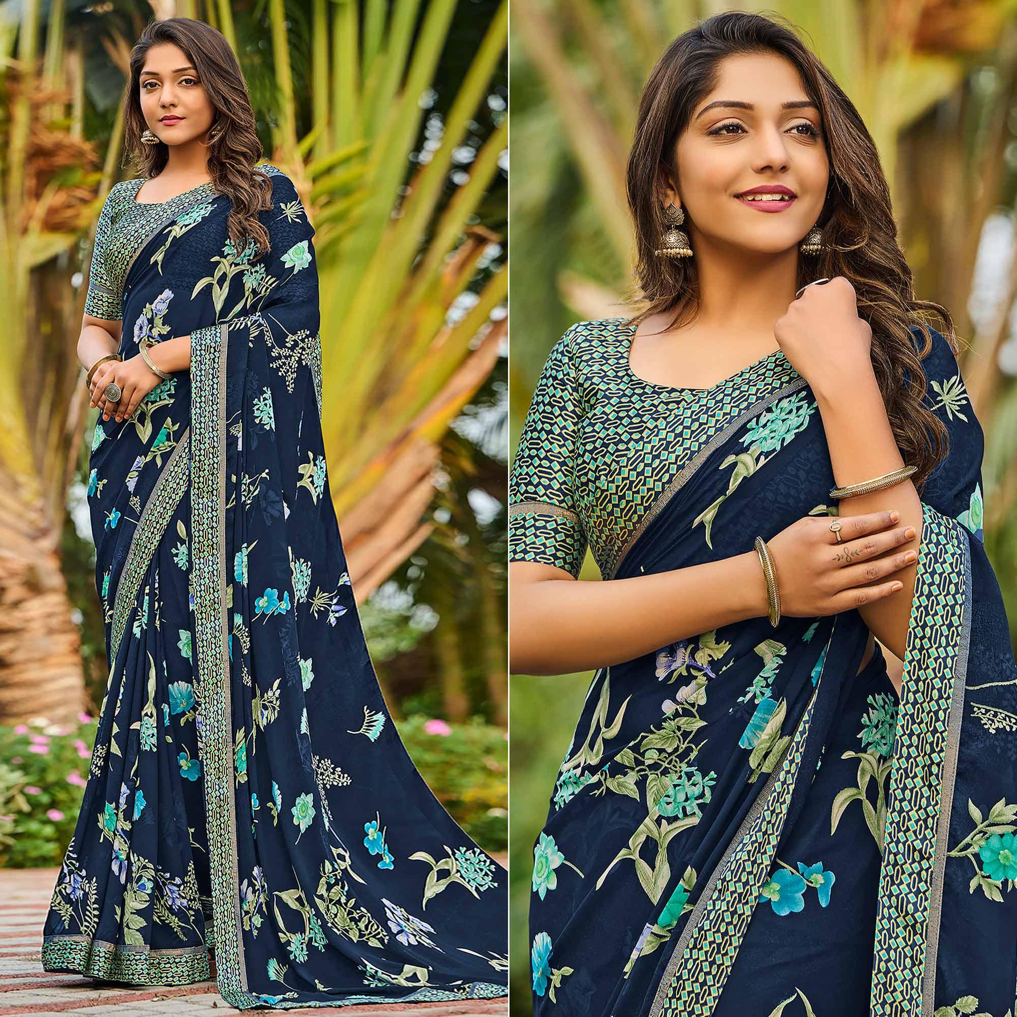 Navy Blue Casual Floral Printed Georgette Saree - Peachmode