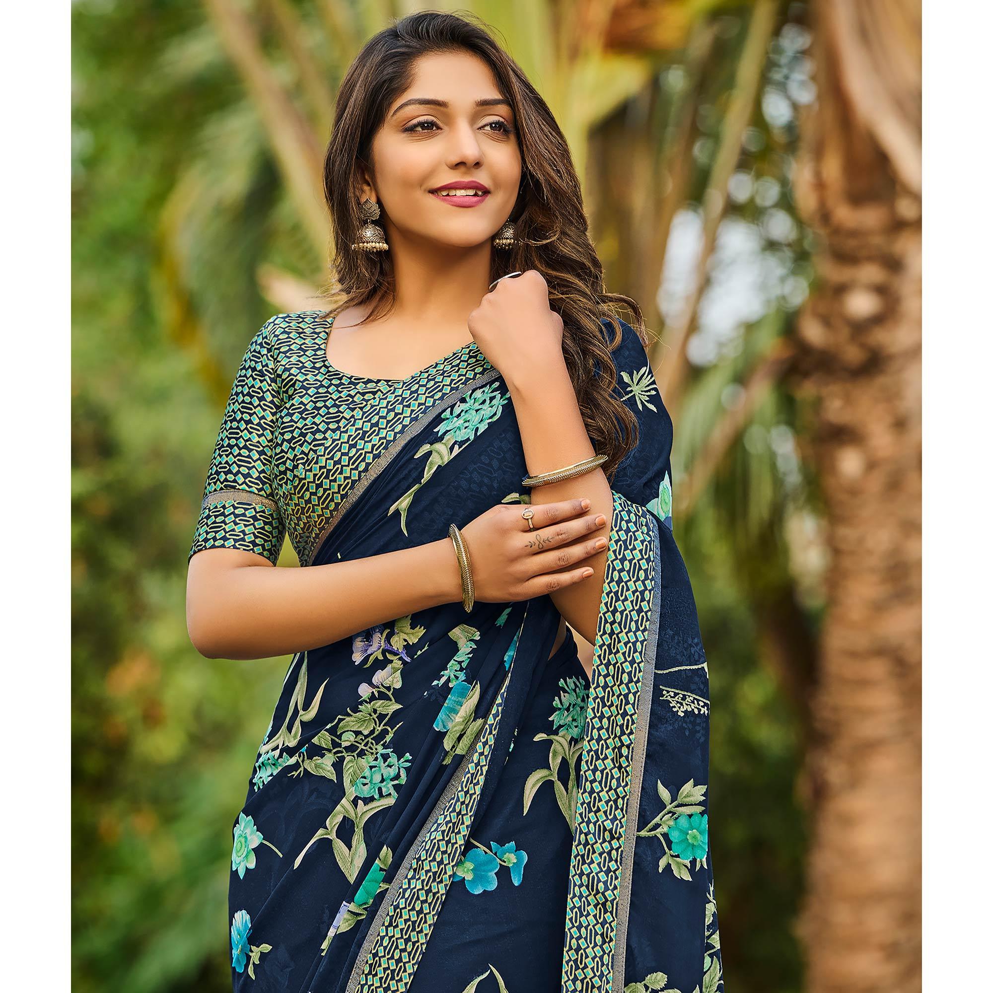 Navy Blue Casual Floral Printed Georgette Saree - Peachmode