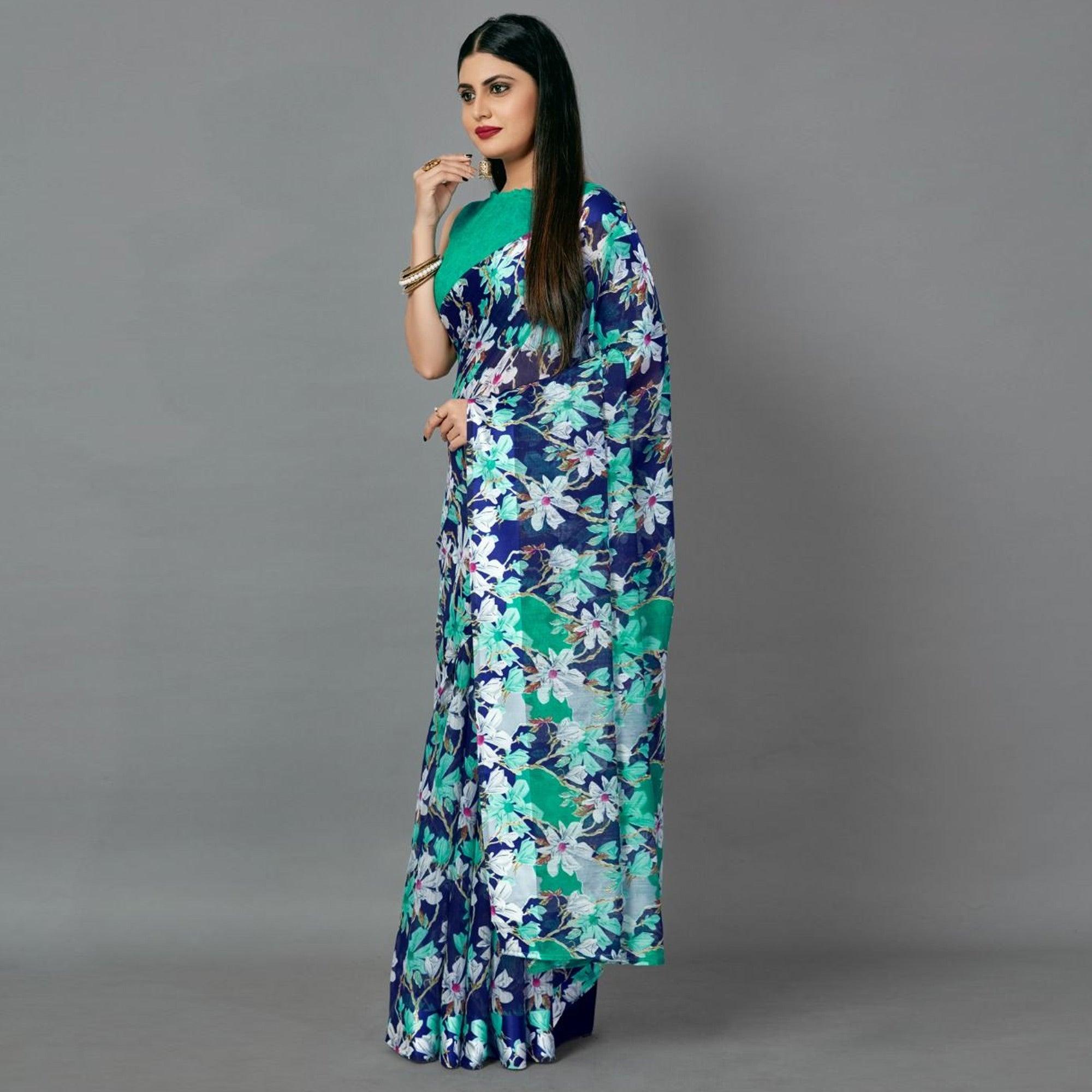 Navy Blue Casual Linen Printed Saree With Unstitched Blouse - Peachmode