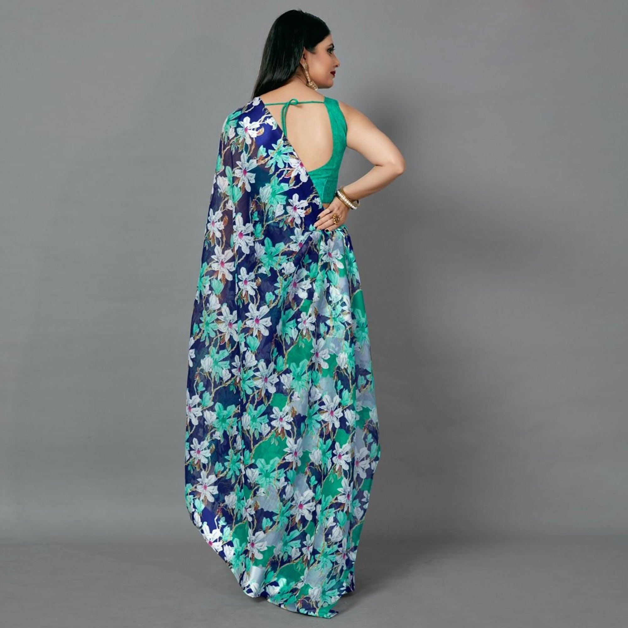 Navy Blue Casual Linen Printed Saree With Unstitched Blouse - Peachmode