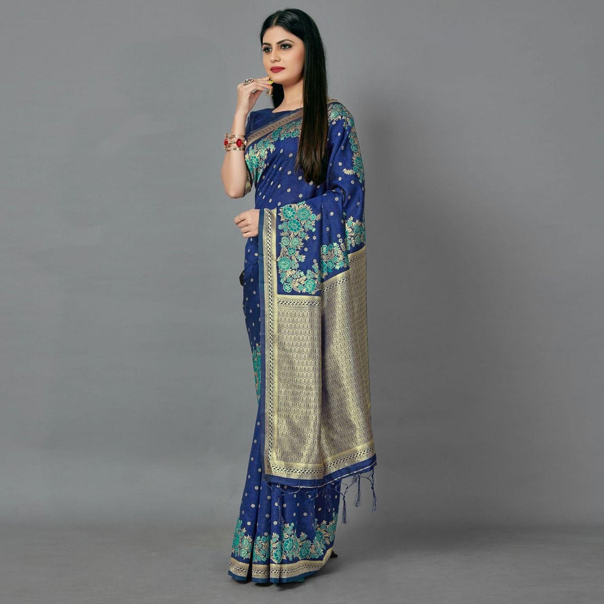 Navy Blue Casual Silk Blend Printed Saree With Unstitched Blouse - Peachmode