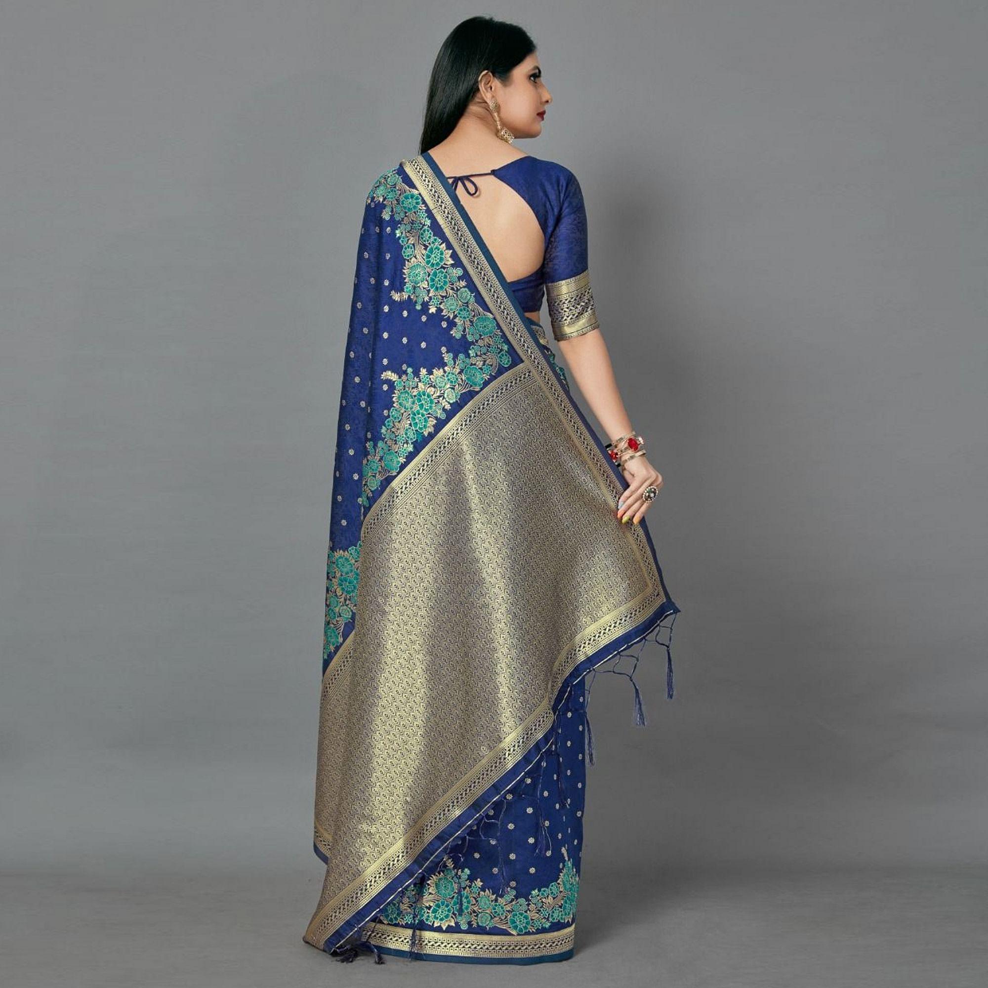 Navy Blue Casual Silk Blend Printed Saree With Unstitched Blouse - Peachmode