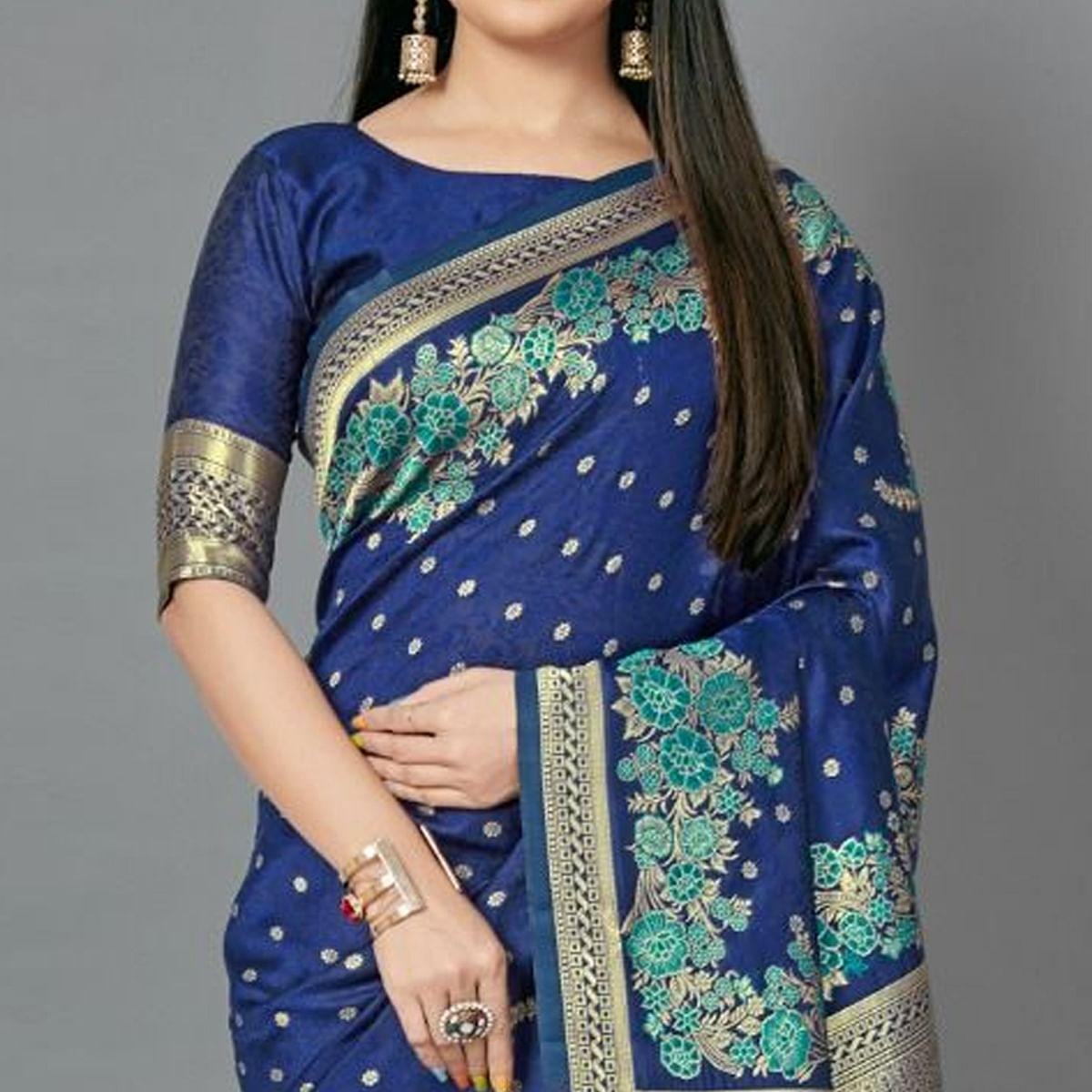 Navy Blue Casual Silk Blend Printed Saree With Unstitched Blouse - Peachmode